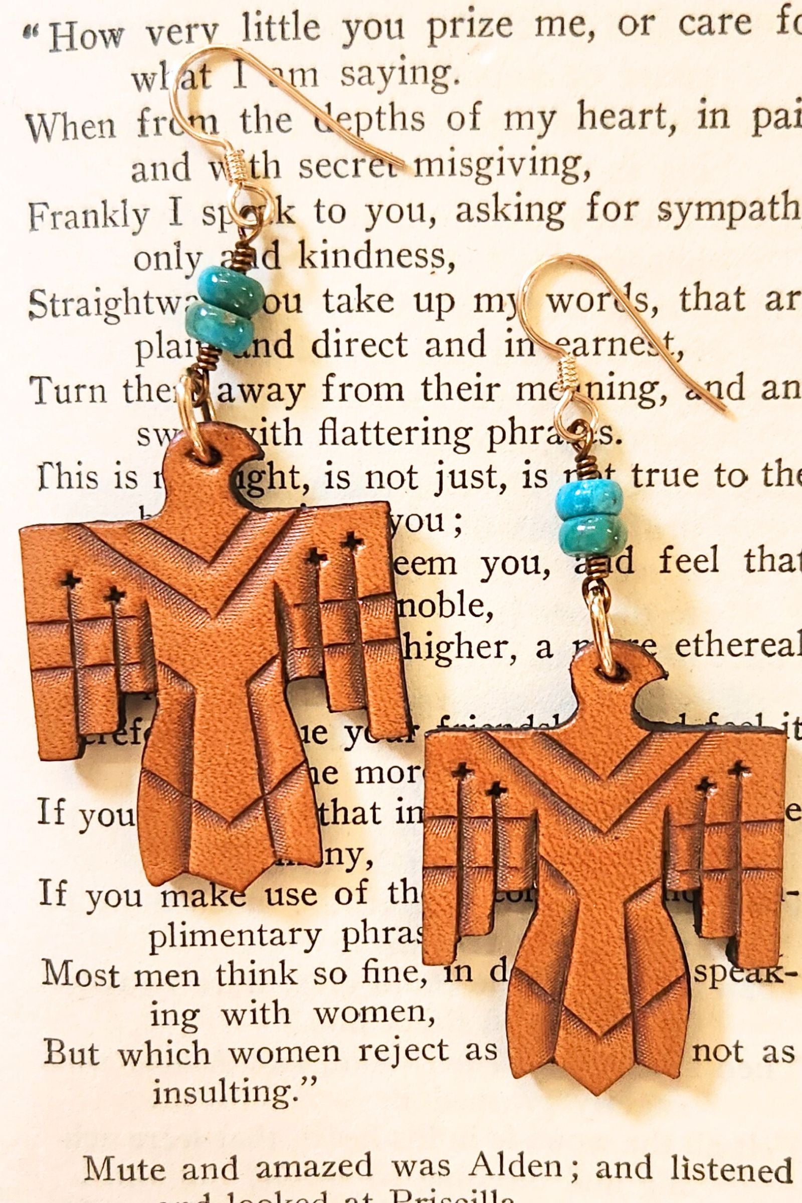 Tooled Leather & Turquoise Thunderbird Earrings