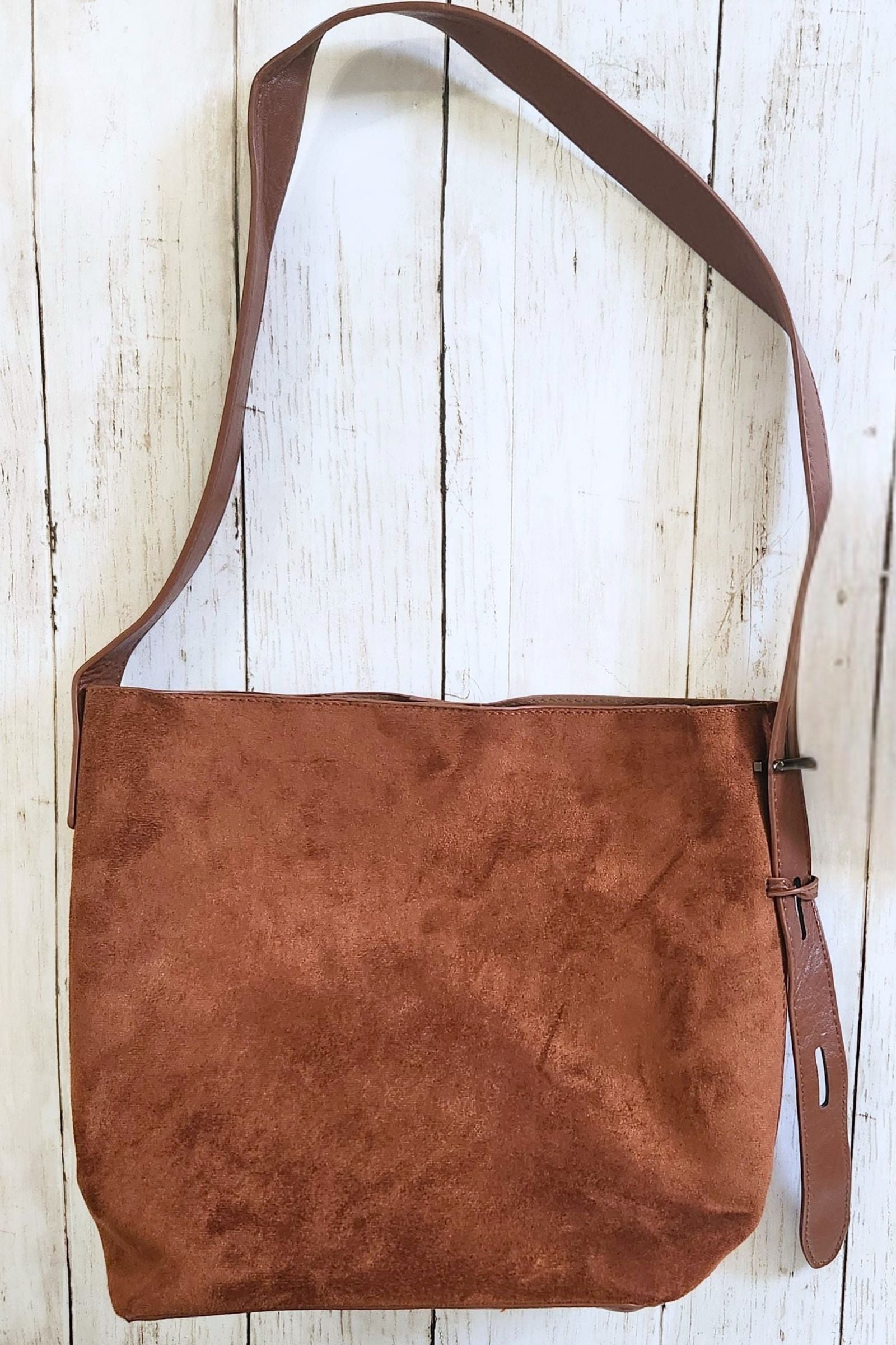 Camel Microsuede Bucket Bag
