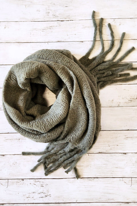 Olive Cozy Knit Tassel Scarf