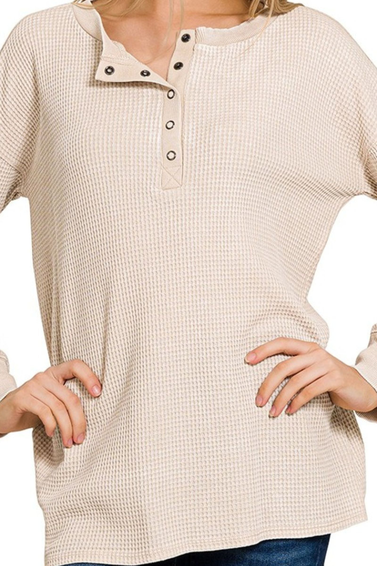 Beige Washed Waffle Henley Top