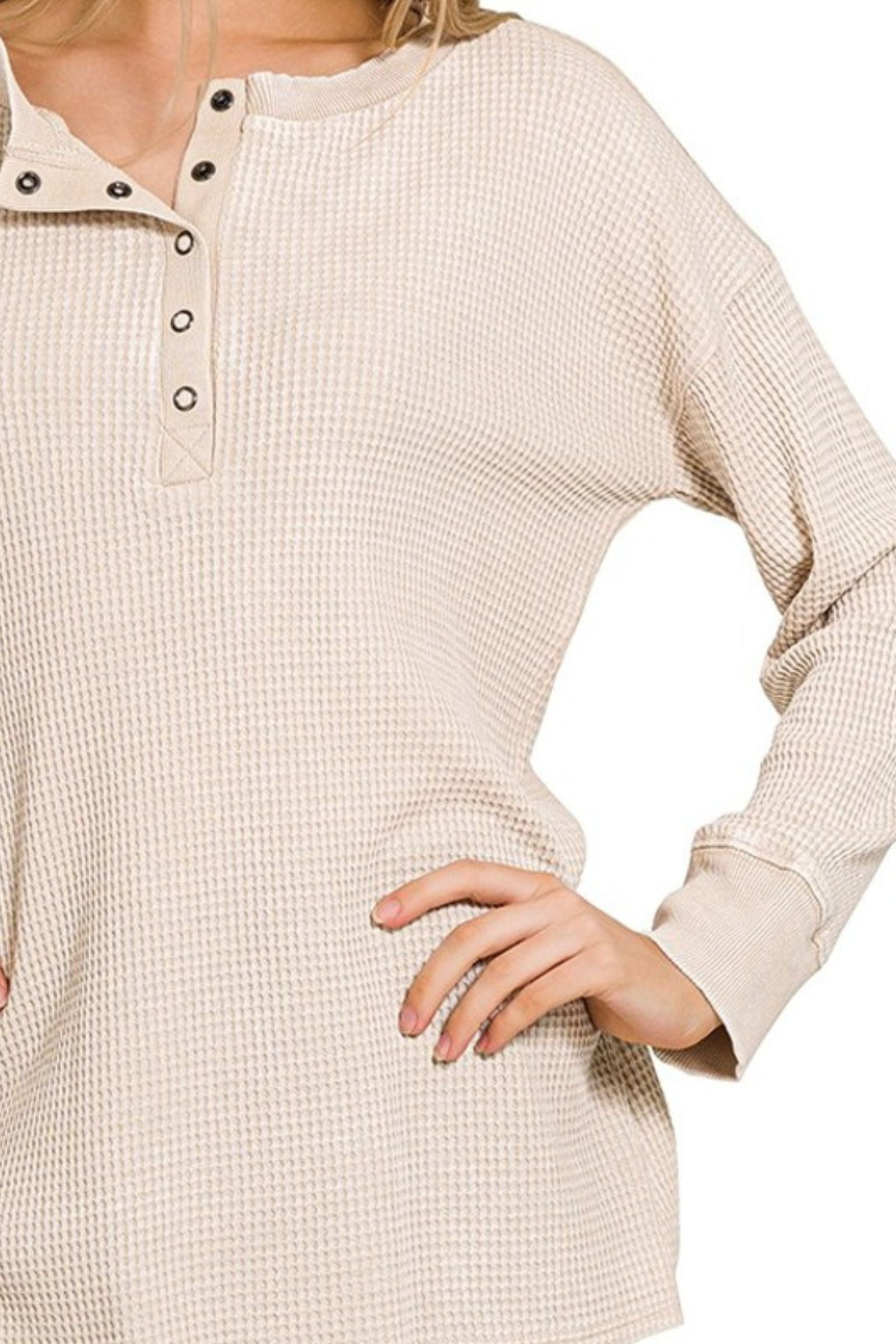 Beige Washed Waffle Henley Top