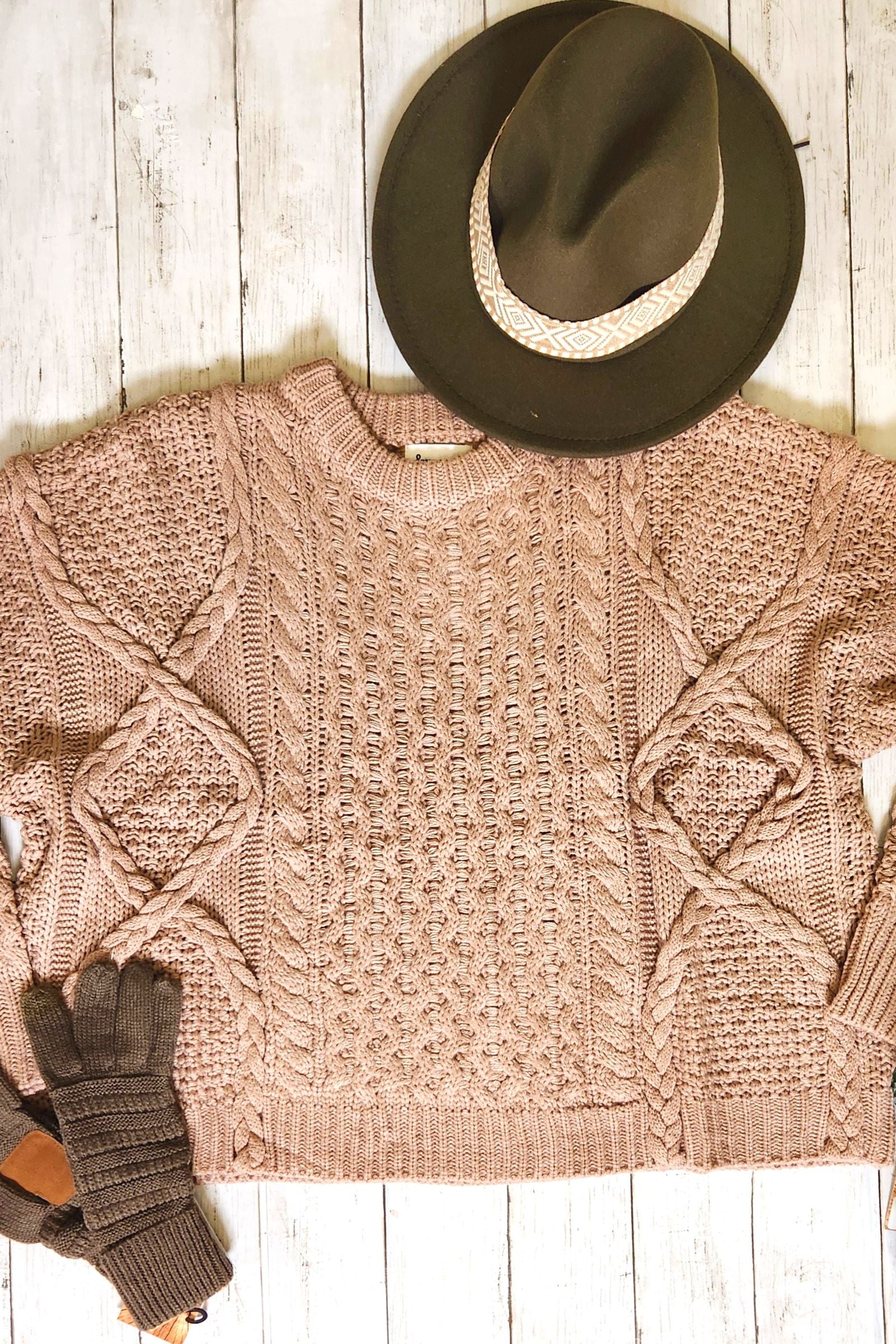 Taupe Mixed Braid Cable Knit Sweater
