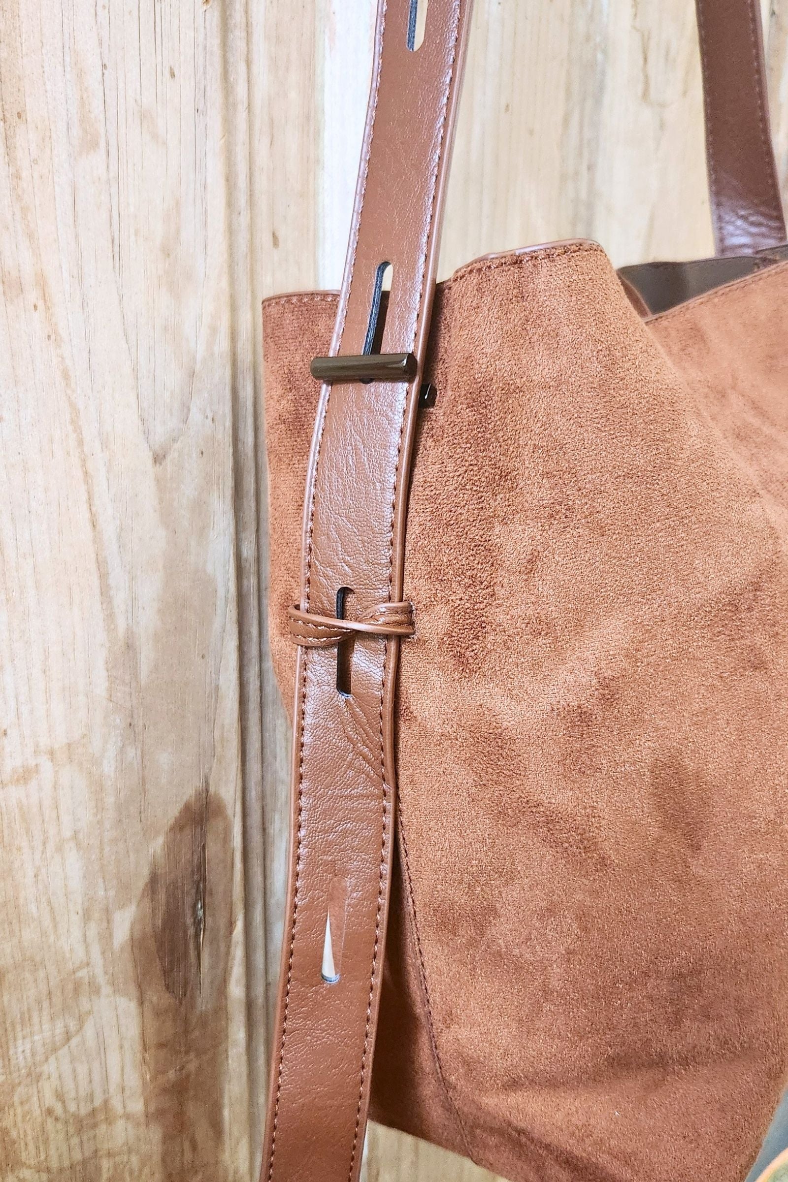 Camel Microsuede Bucket Bag