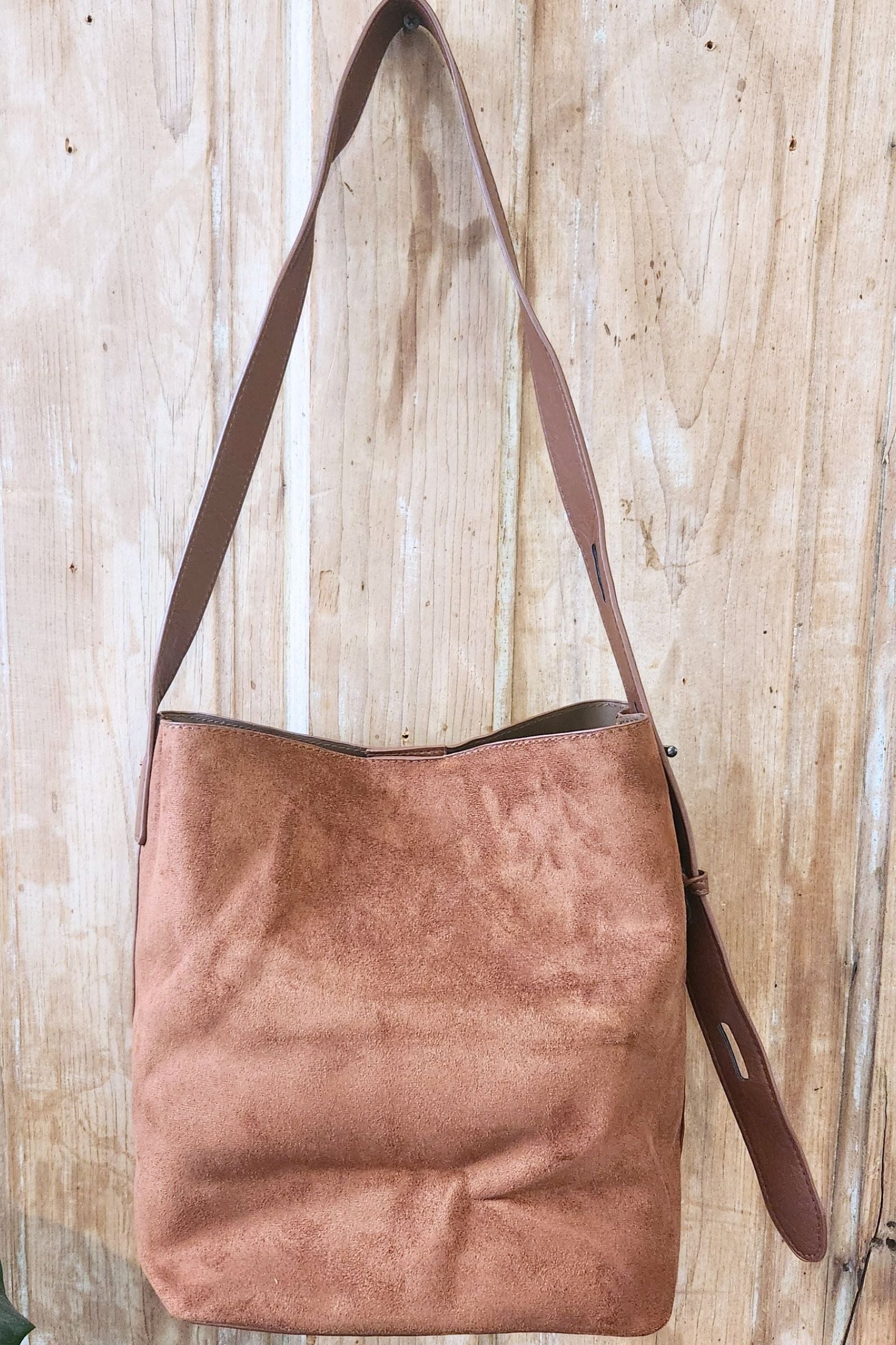 Camel Microsuede Bucket Bag