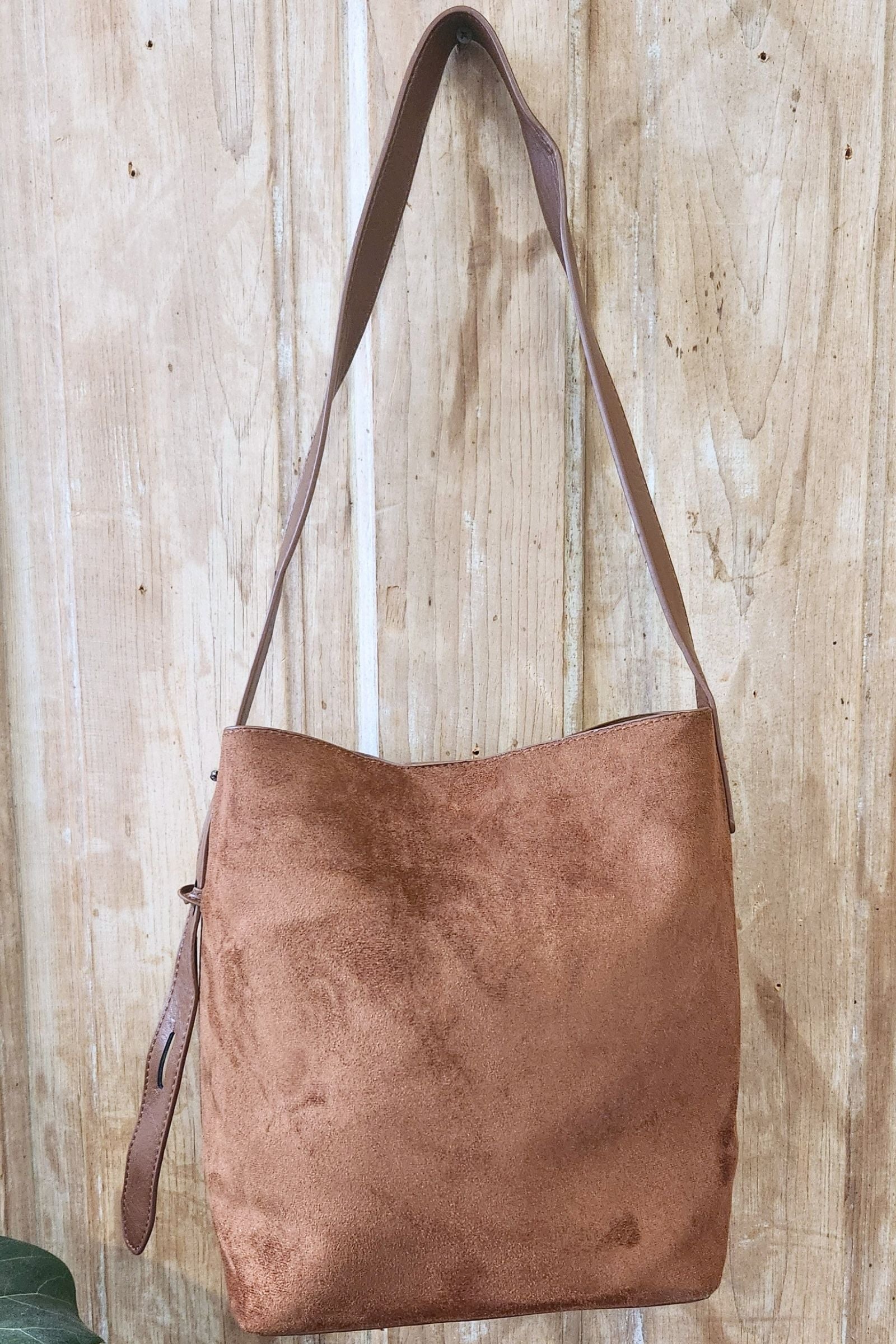 Camel Microsuede Bucket Bag