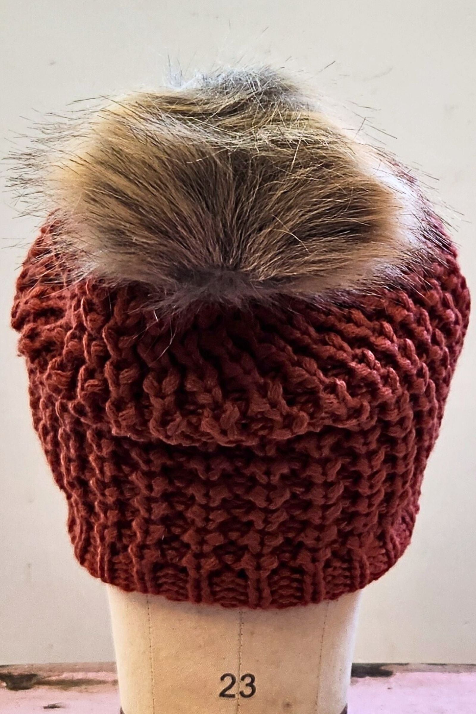 Rust Textured Knit Fur Pom Beanie