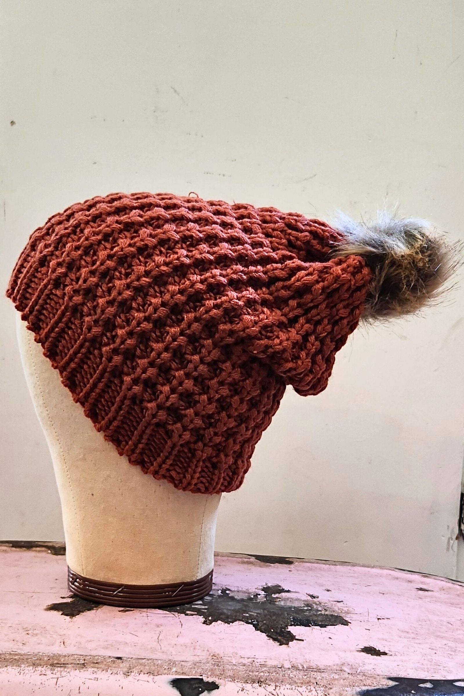 Rust Textured Knit Fur Pom Beanie