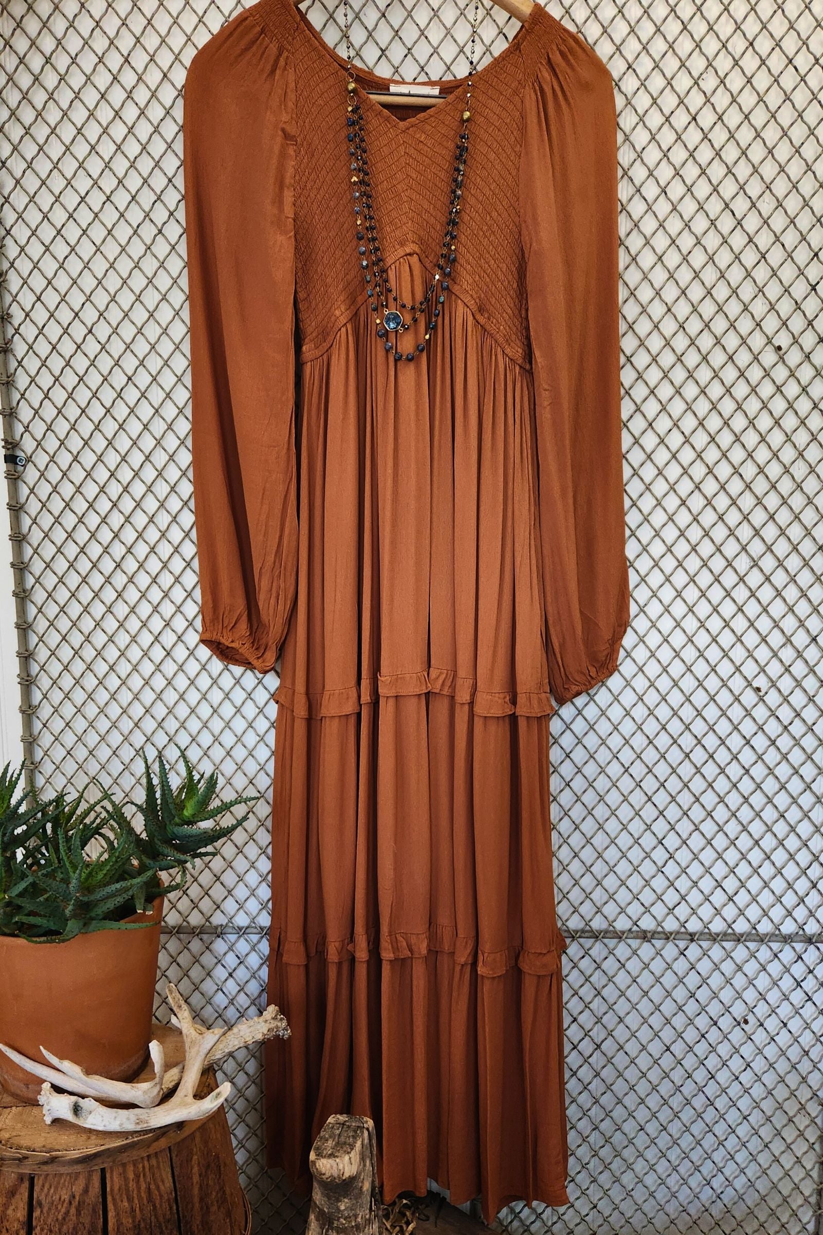 Sepia Smocked Ruffle Maxi Dress