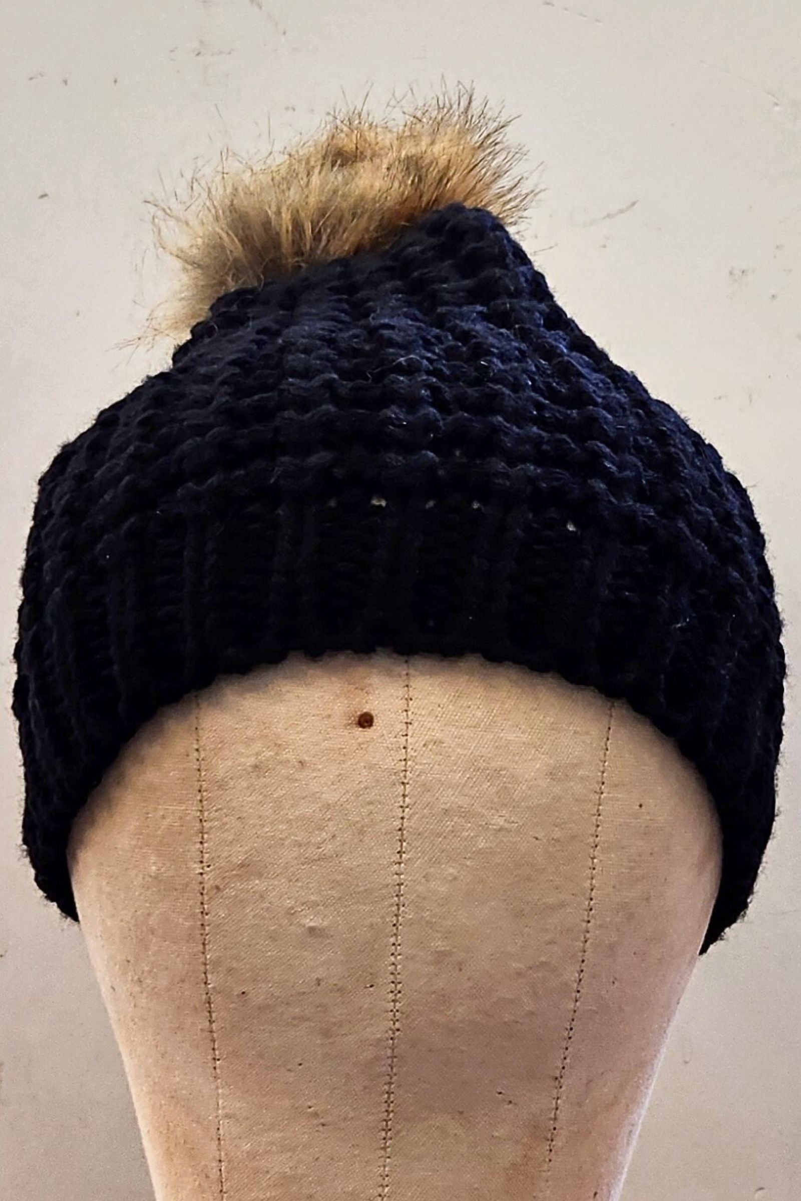 Black Textured Knit Fur Pom Beanie