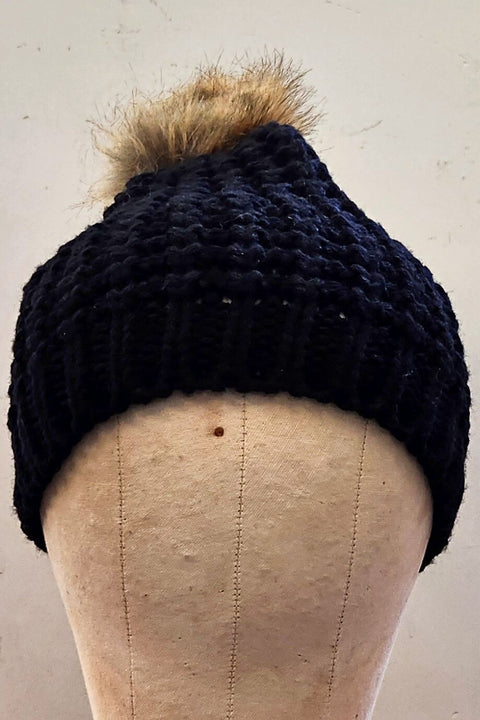 Black Textured Knit Fur Pom Beanie
