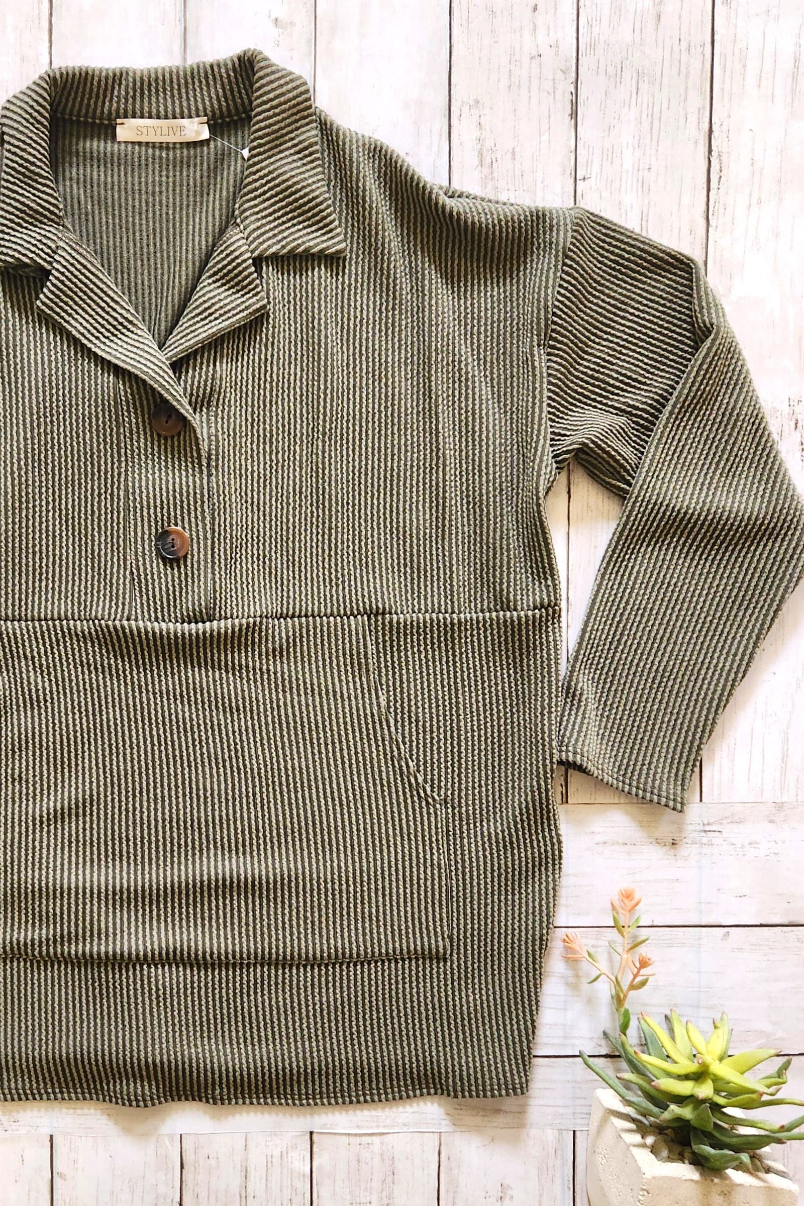 Olive Urban Rib Button Front Top