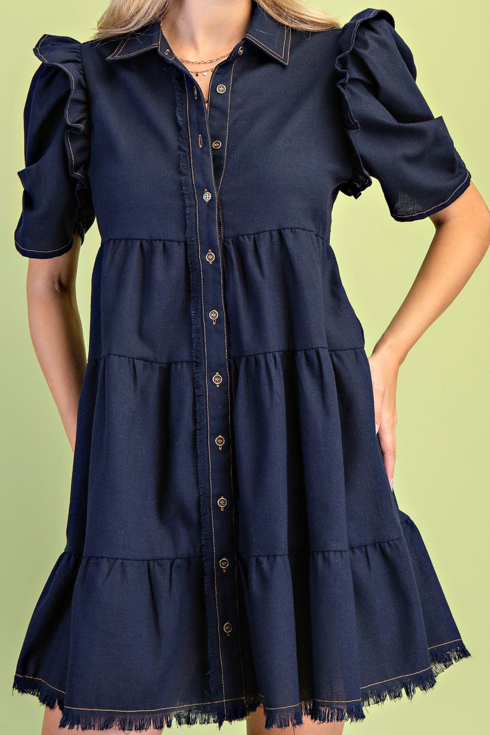 Navy Linen Blend Button Down Tiered Dress