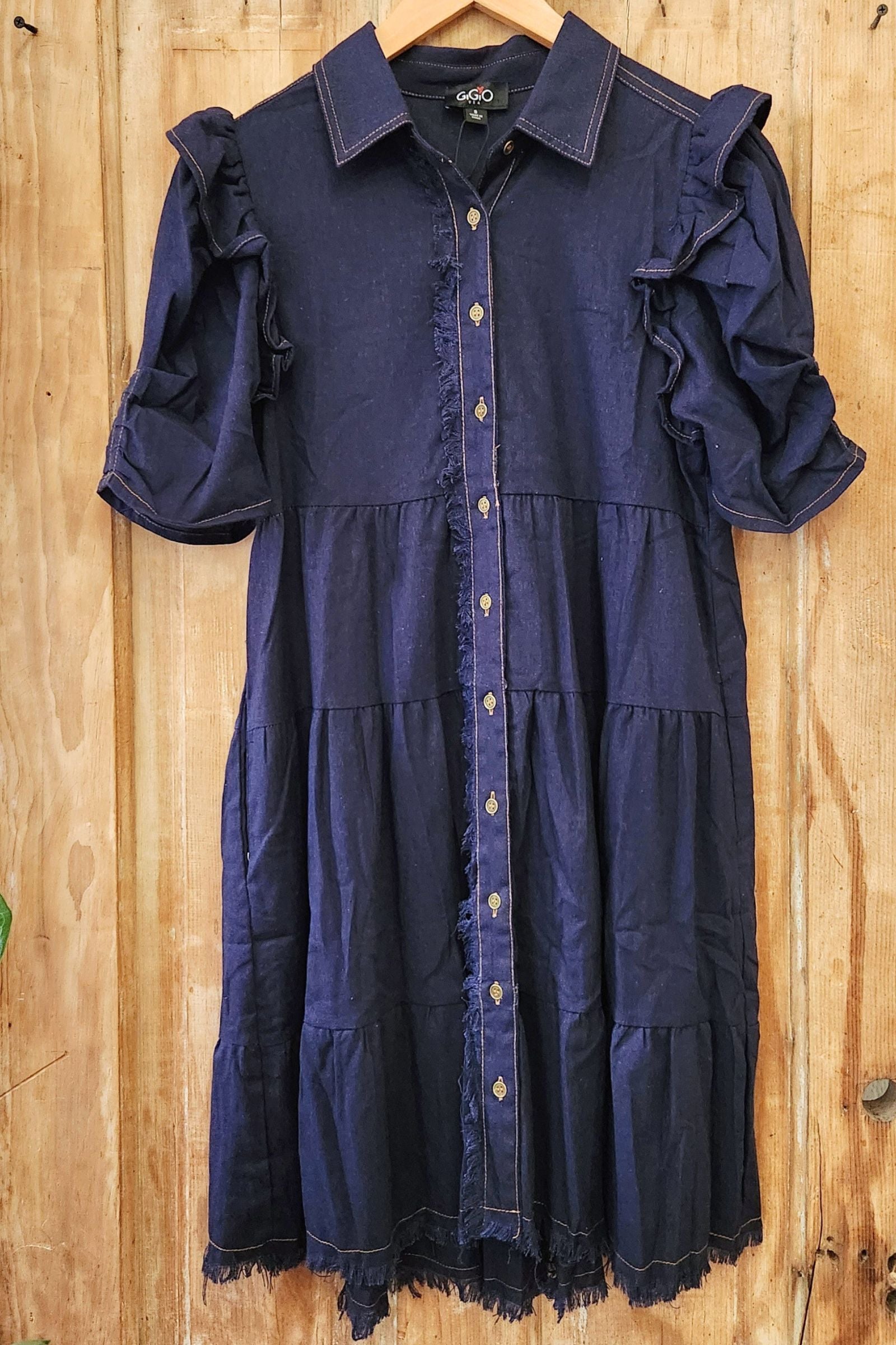 Navy Linen Blend Button Down Tiered Dress