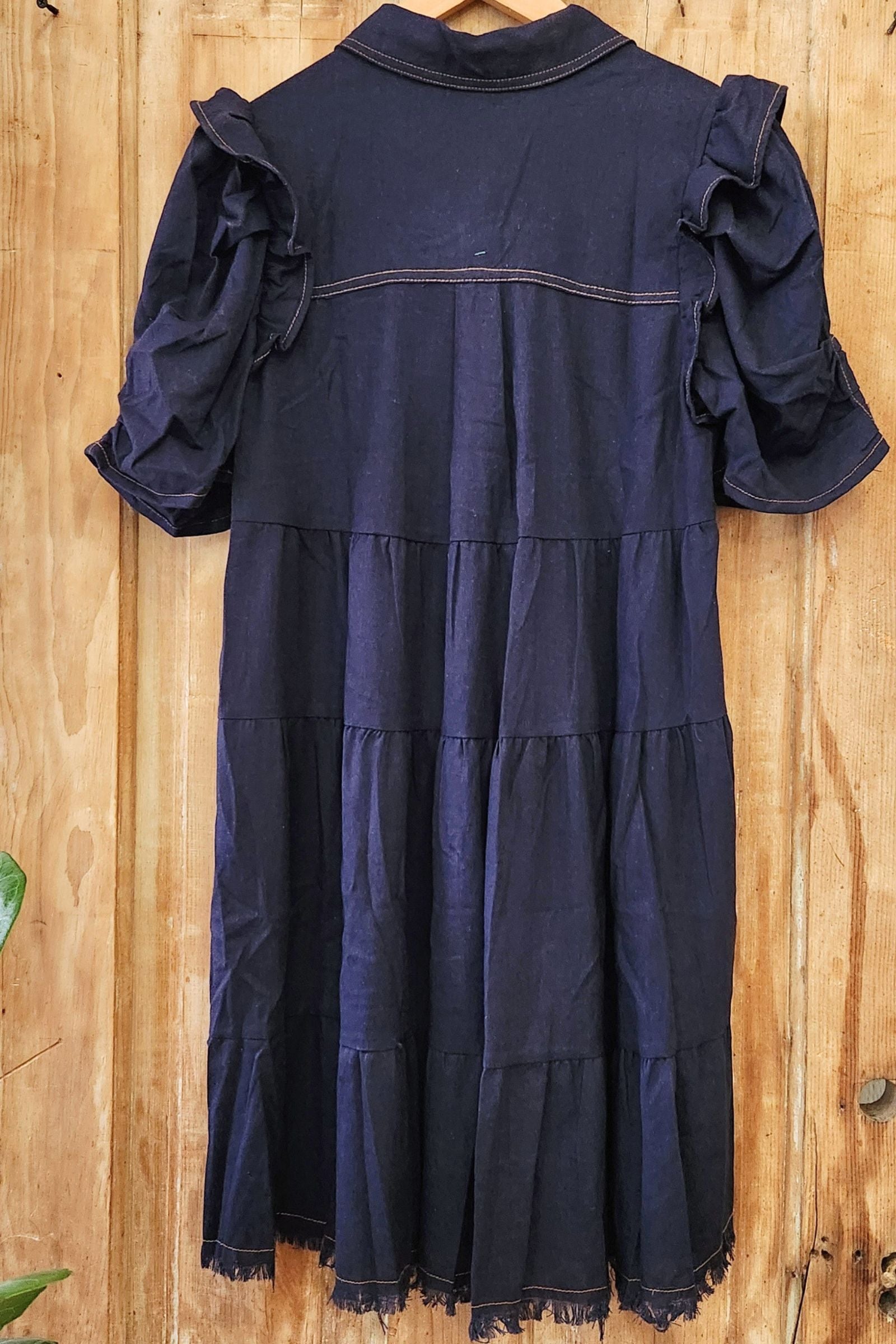 Navy Linen Blend Button Down Tiered Dress