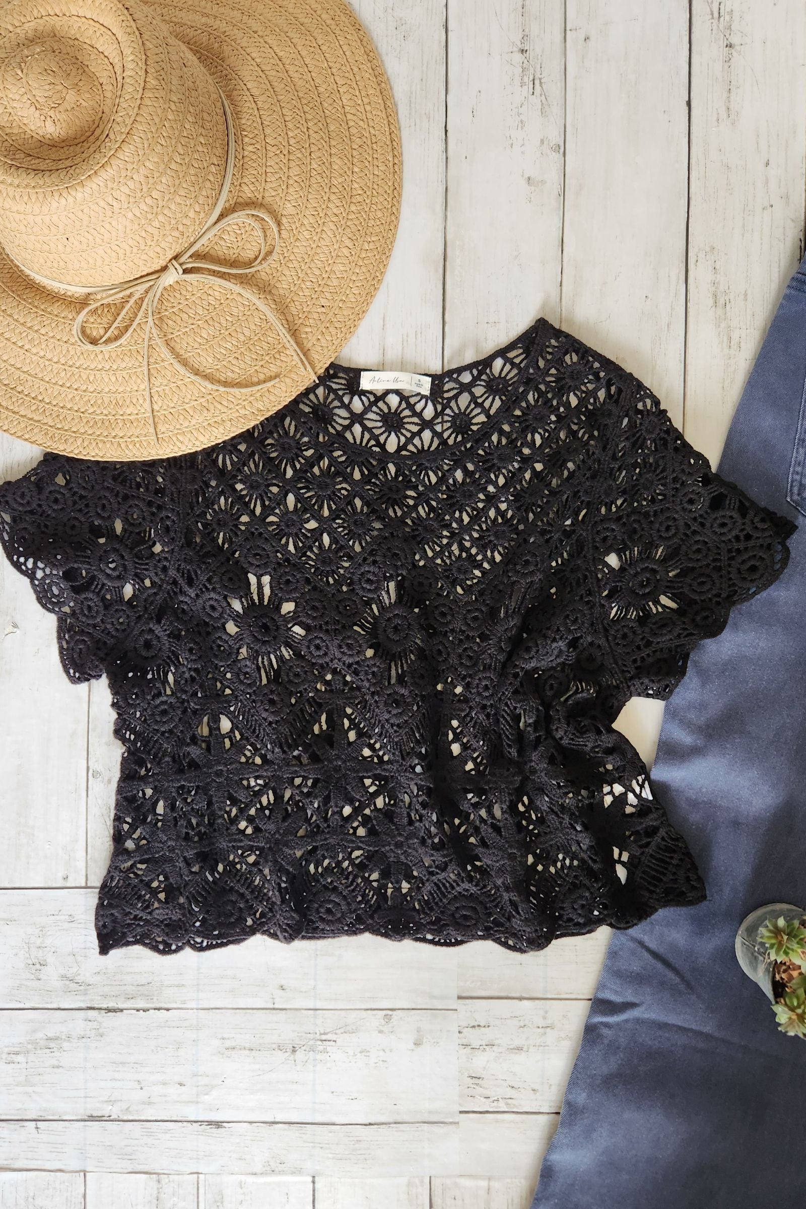 Black Crochet Short Sleeve Top