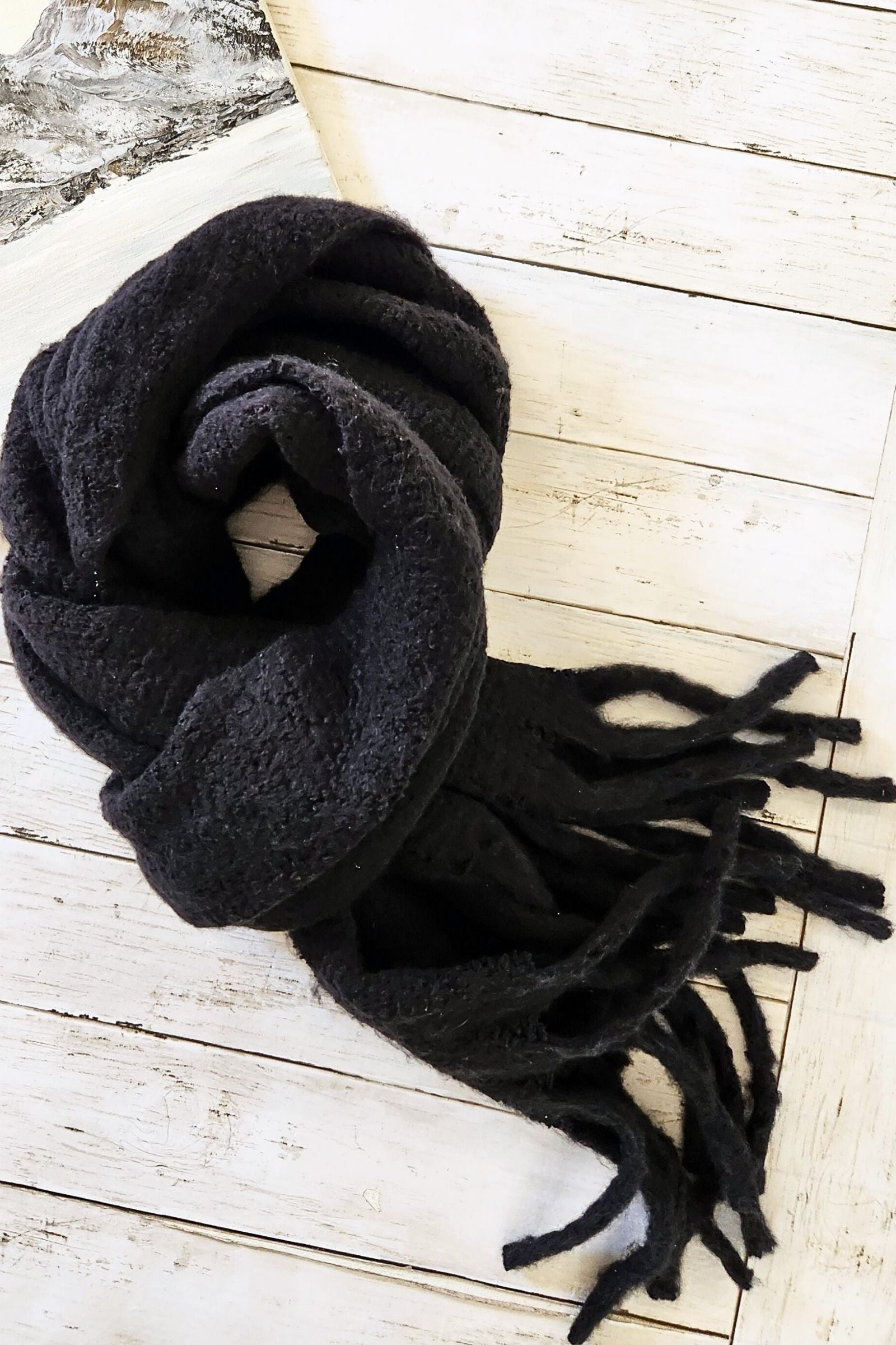 Black Cozy Knit Tassel Scarf