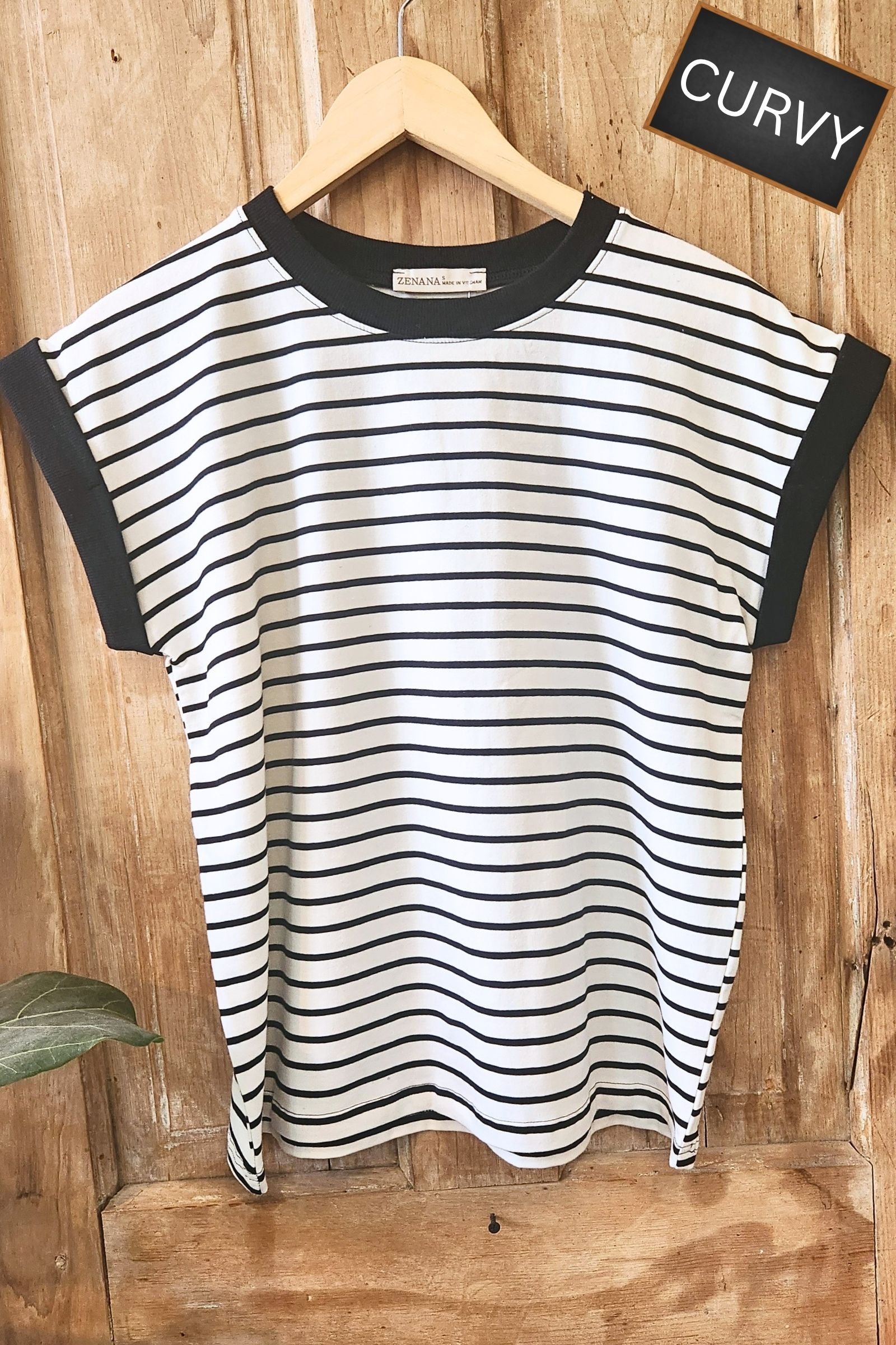 CURVY Cream & Black Stripe Cap Sleeve Top