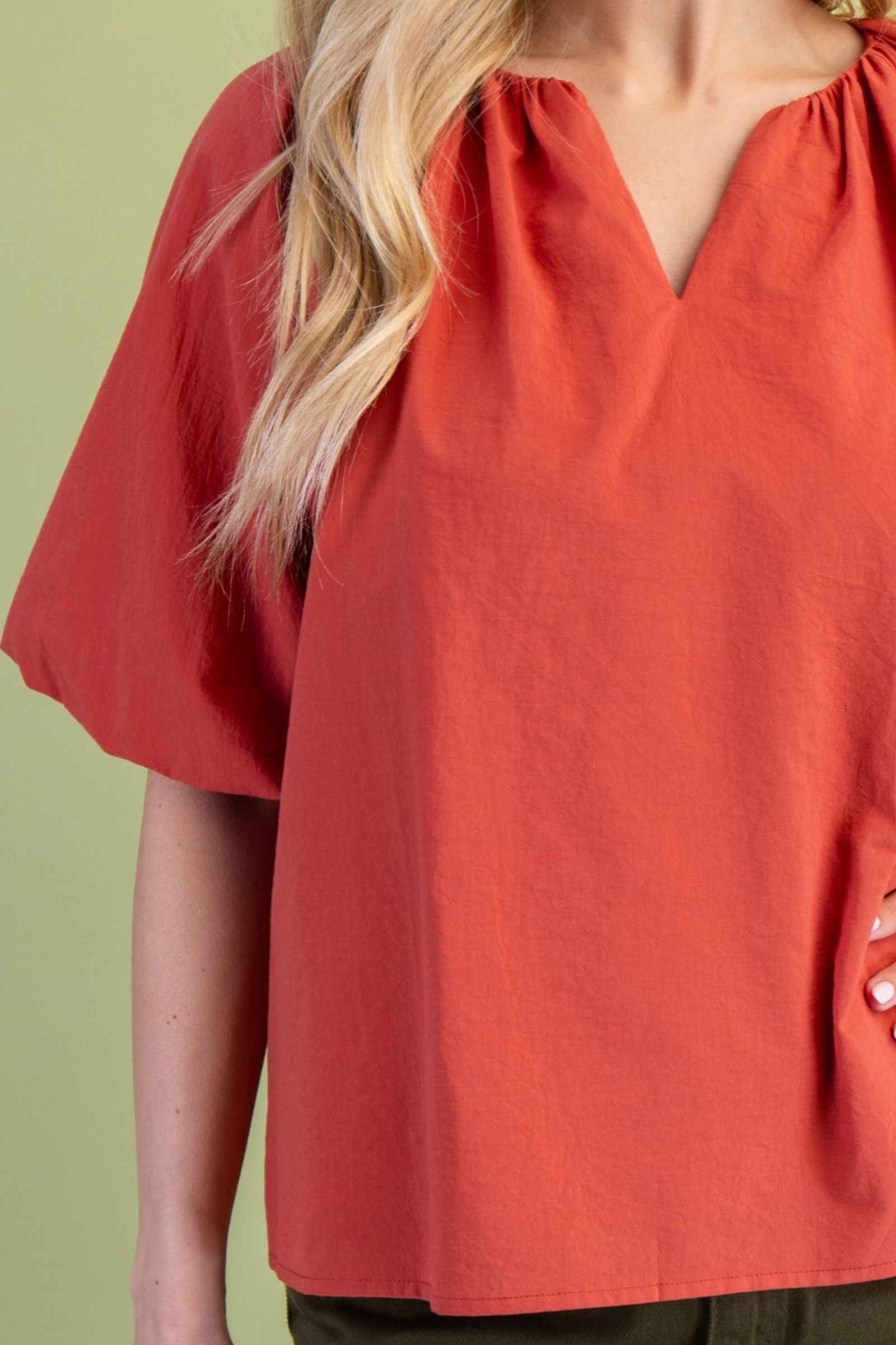 Brick Puff Sleeve V Neck Top