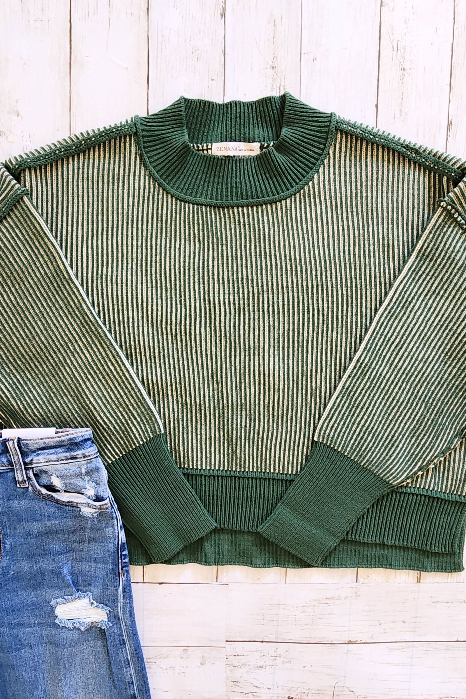 Dark Green Exposed Seam Two Tone Sweater