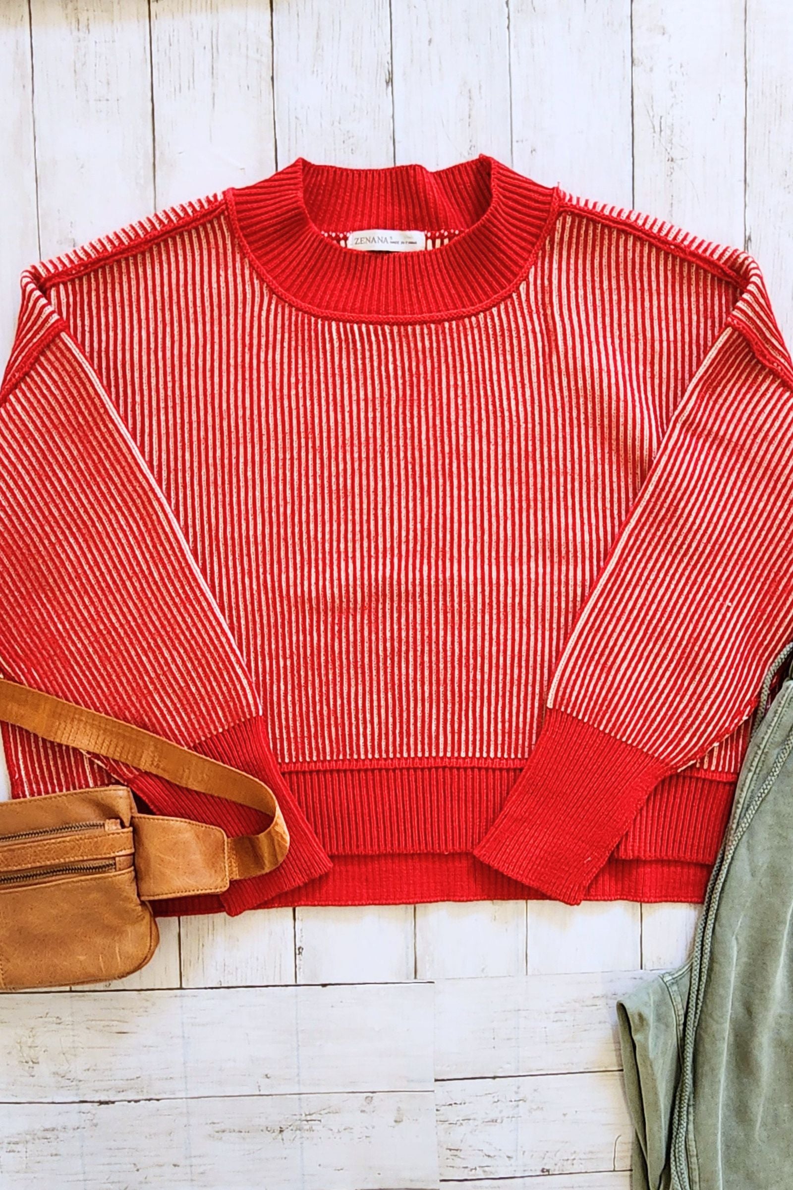 Dark Red Exposed Seam Two Tone Sweater