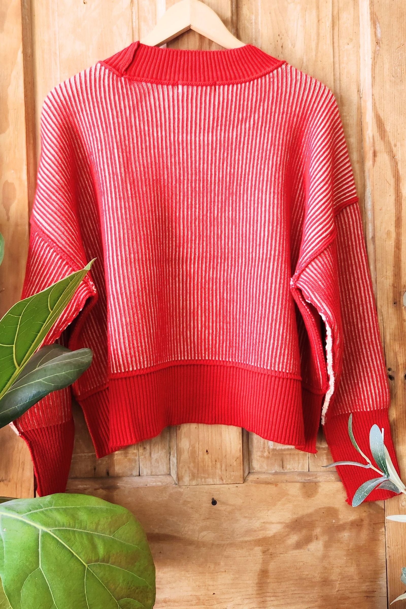 Dark Red Exposed Seam Two Tone Sweater
