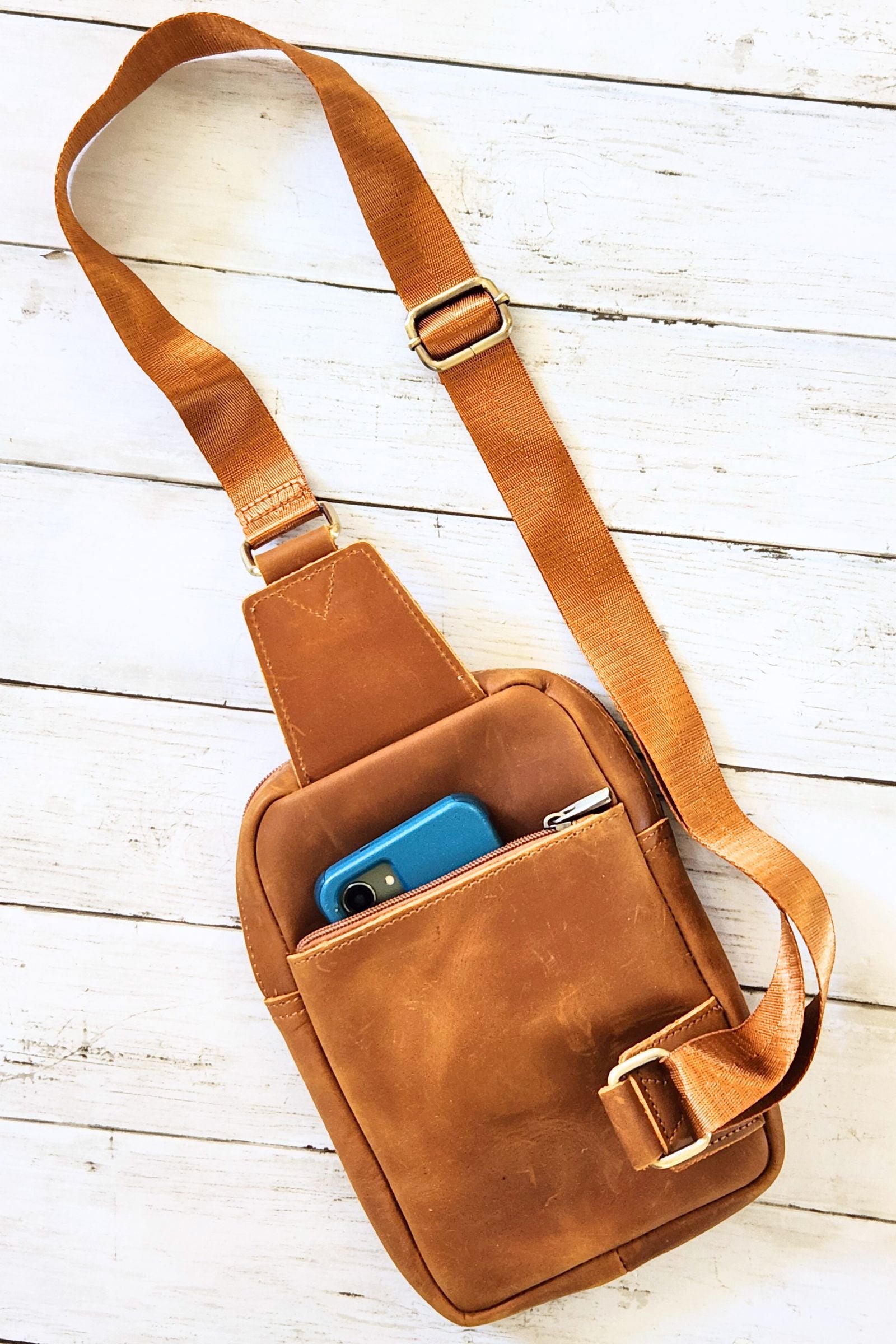 Light Brown Leather Travel Crossbody Bag