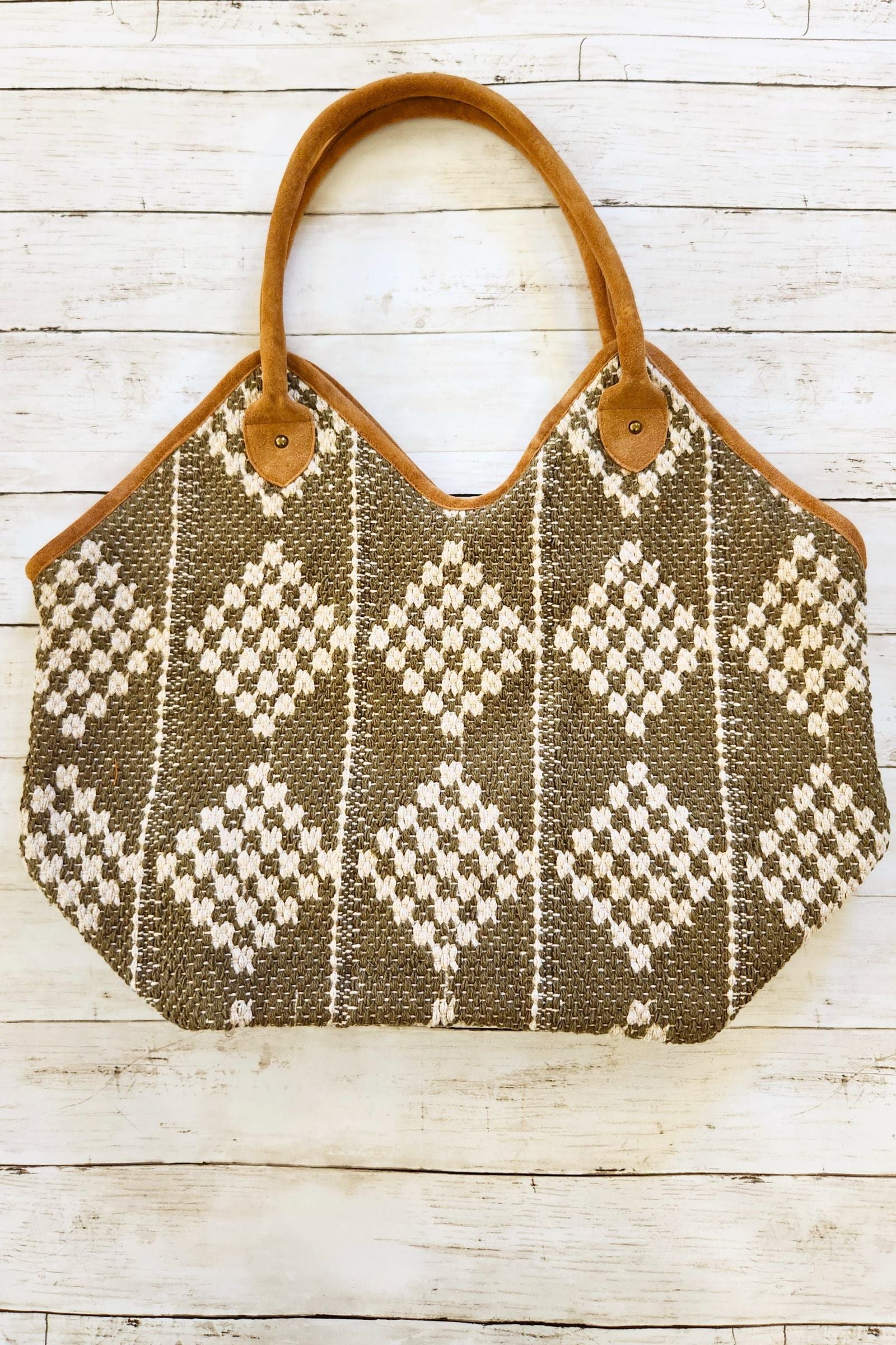 Olive & Cream Diamond Tote Bag