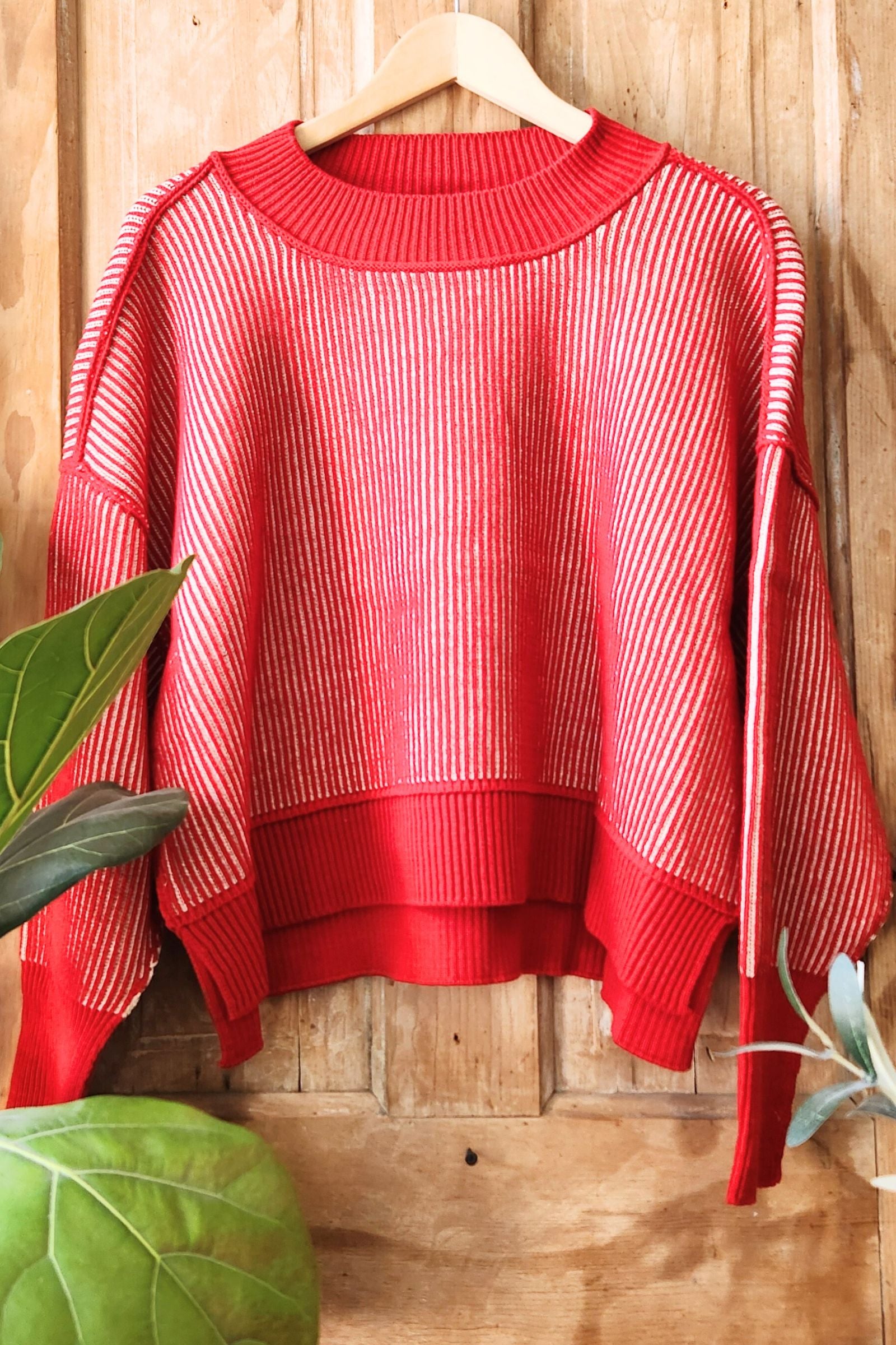 Dark Red Exposed Seam Two Tone Sweater