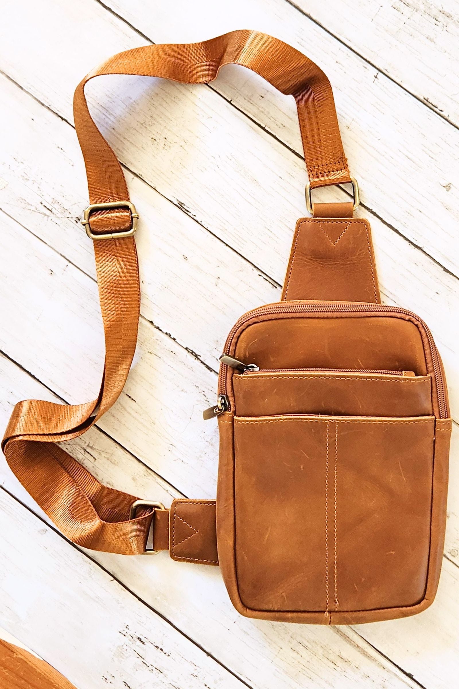 Light Brown Leather Travel Crossbody Bag