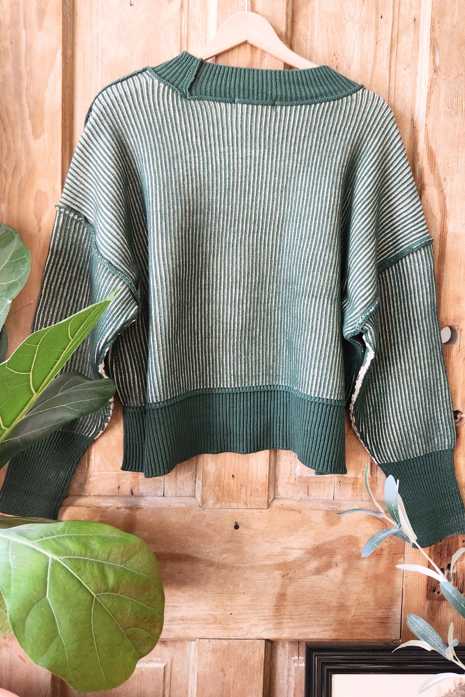Dark Green Exposed Seam Two Tone Sweater