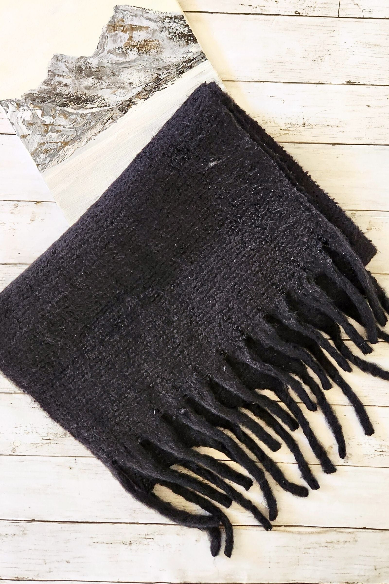 Black Cozy Knit Tassel Scarf