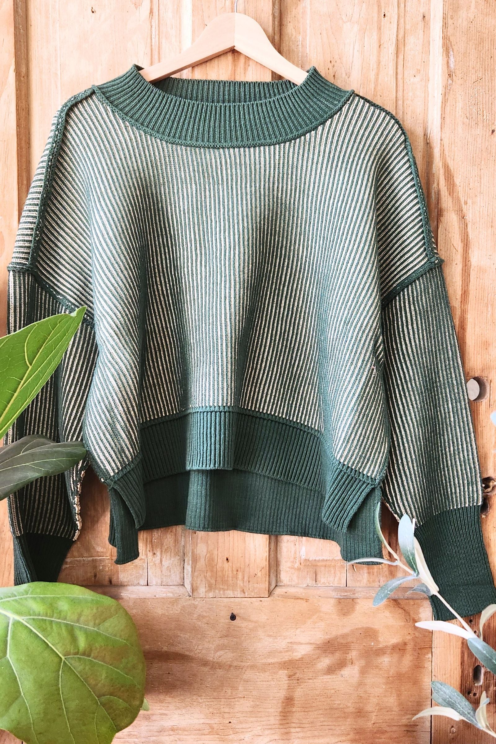 Dark Green Exposed Seam Two Tone Sweater