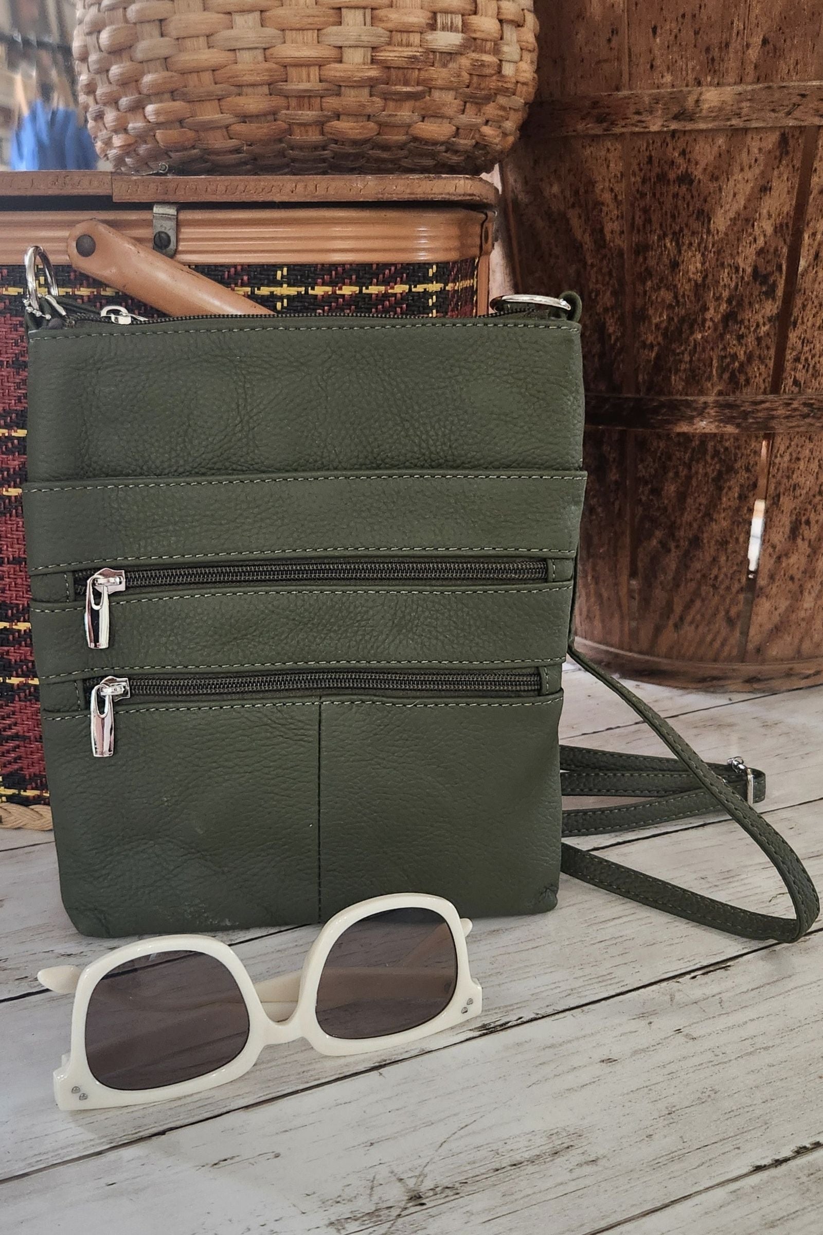 Skinny Olive Leather Crossbody Bag