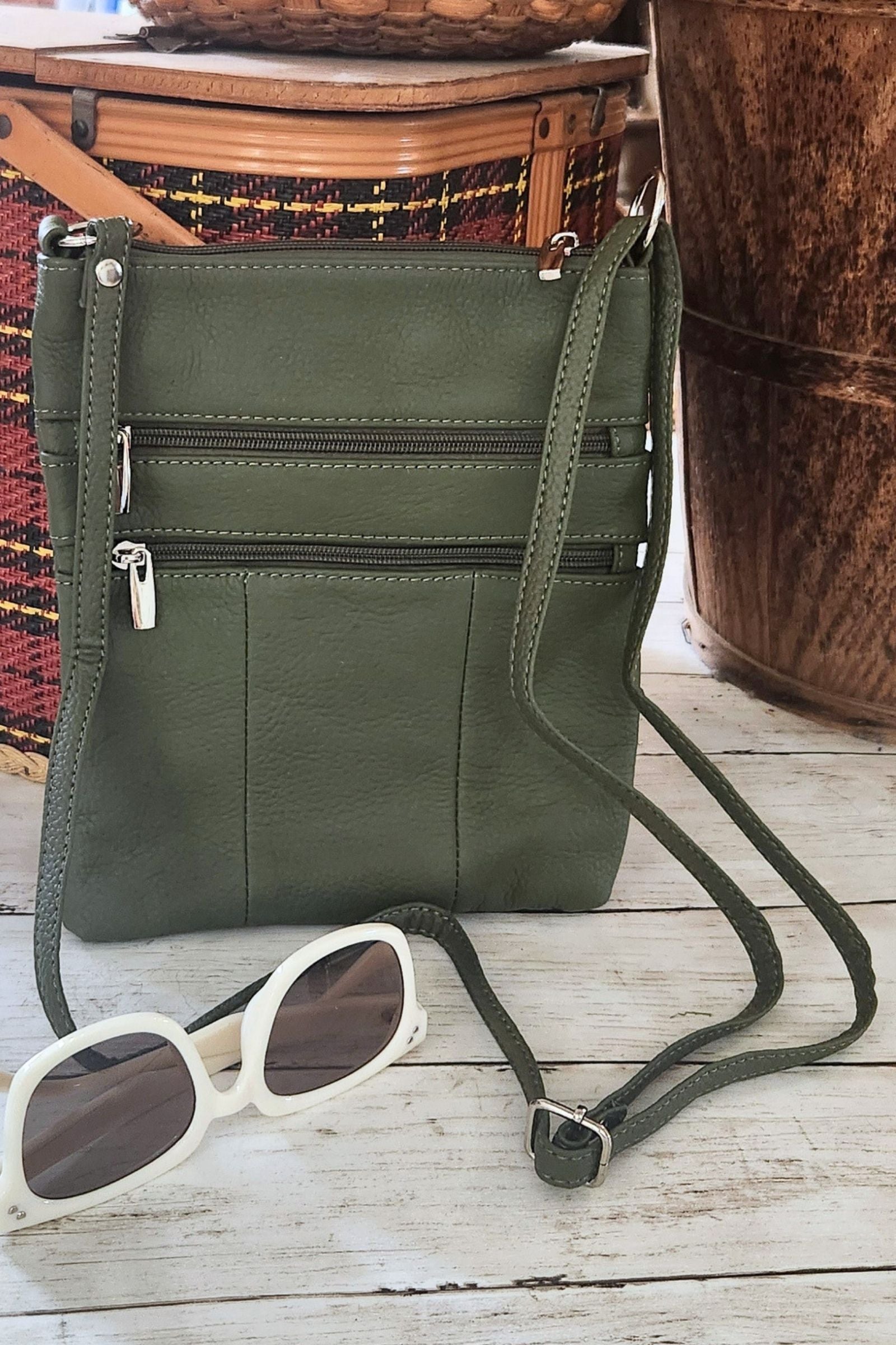 Skinny Olive Leather Crossbody Bag
