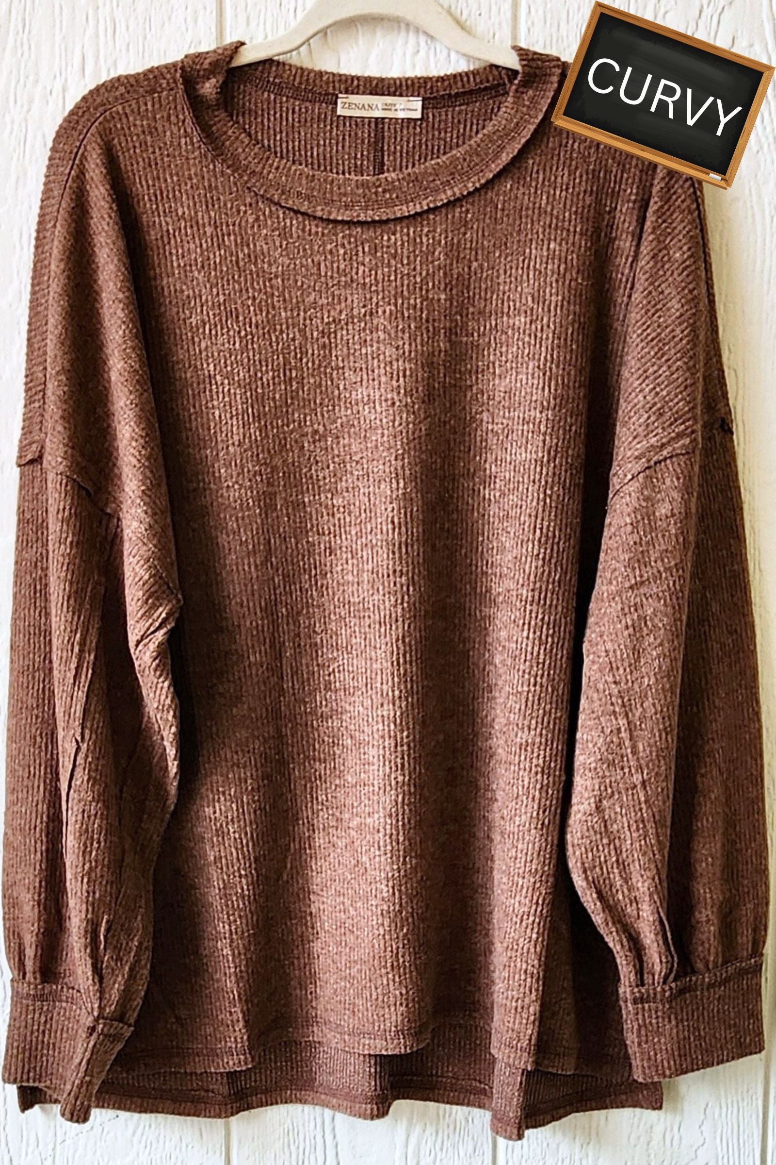 CURVY Brown Drop Shoulder Hacci Sweater