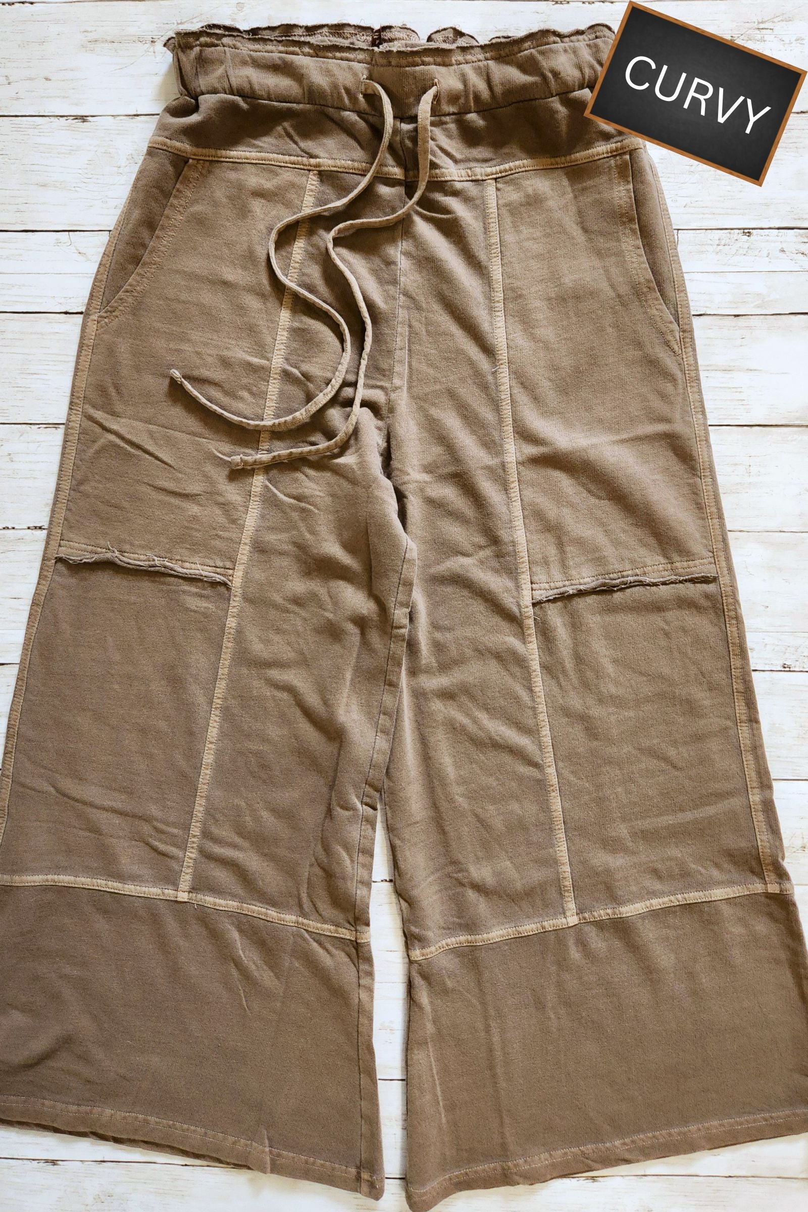 CURVY Washed Mocha French Terry Exposed Seam Pants