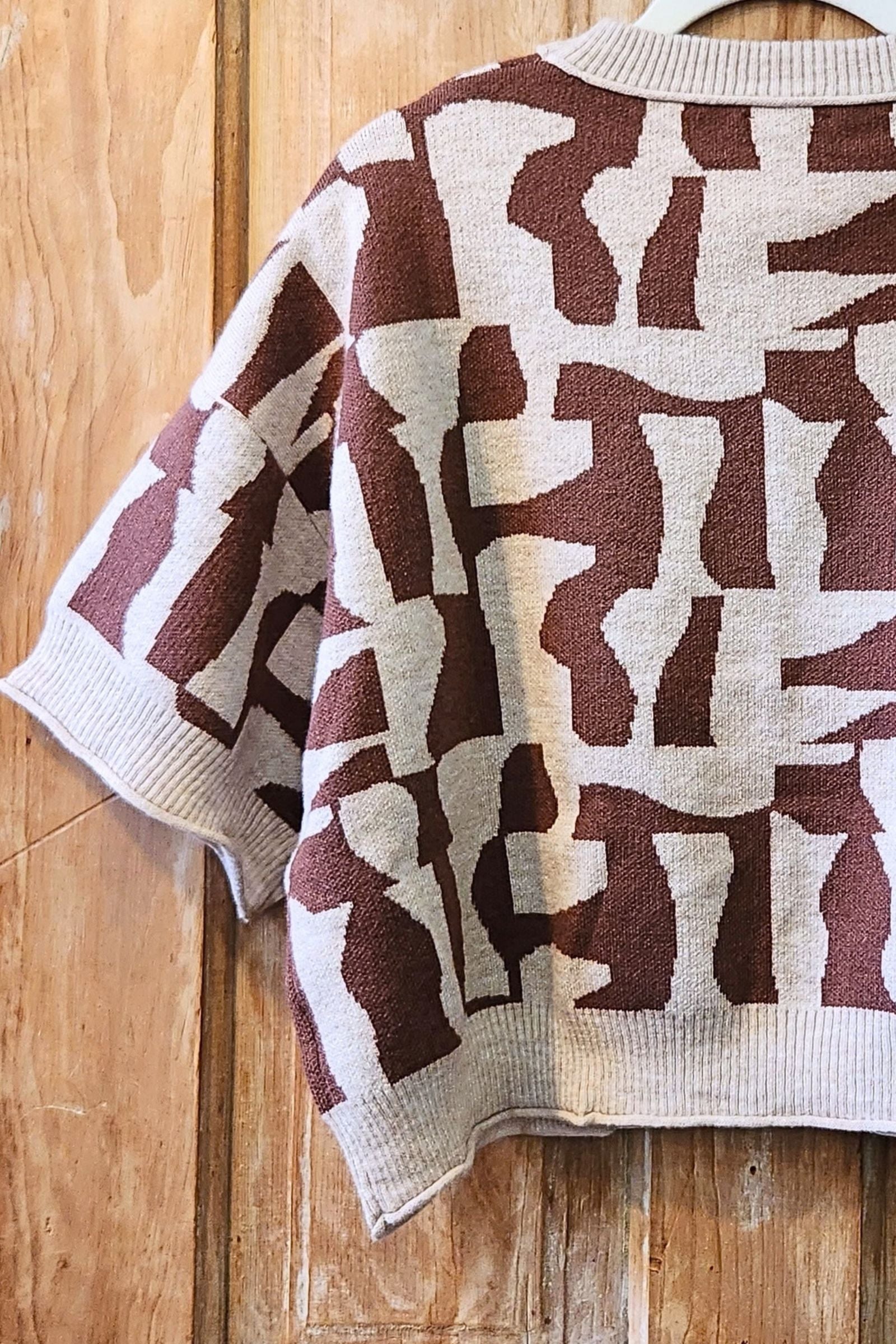 Brown Geo Short Sleeve Sweater