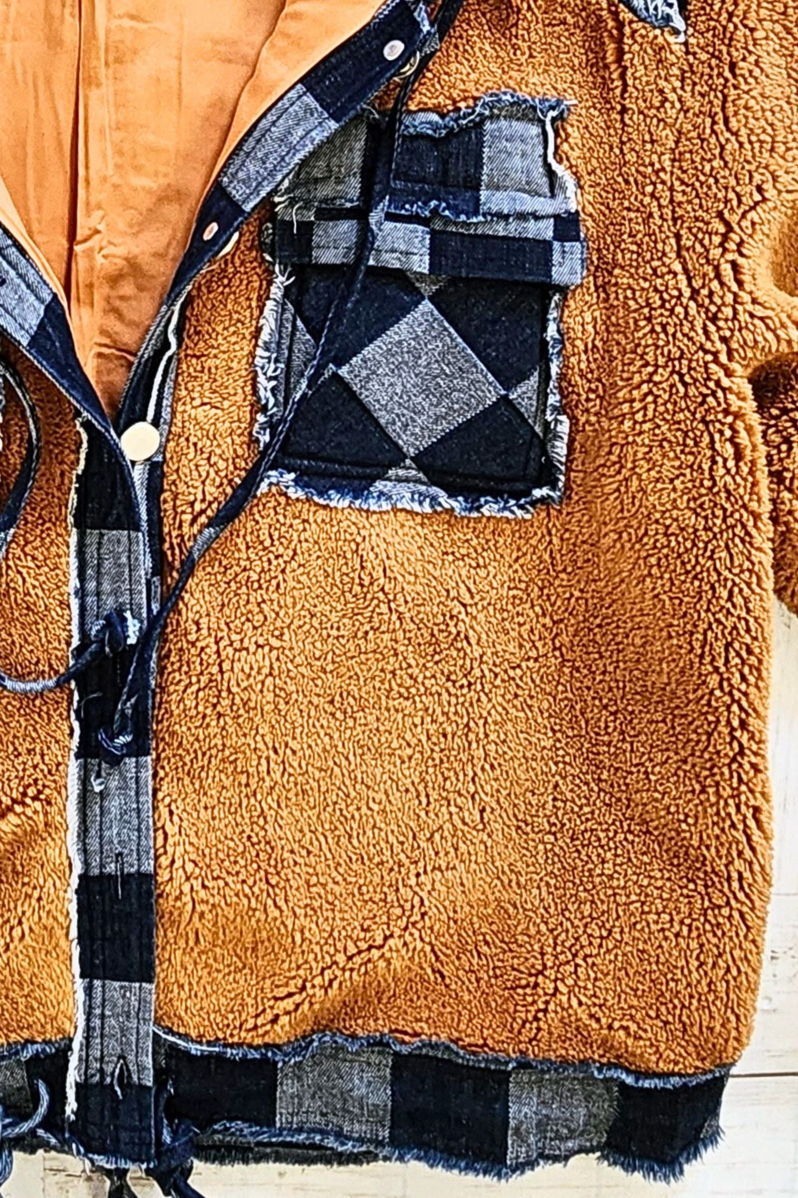 Fleece & Checkered Denim Hoodie Jacket