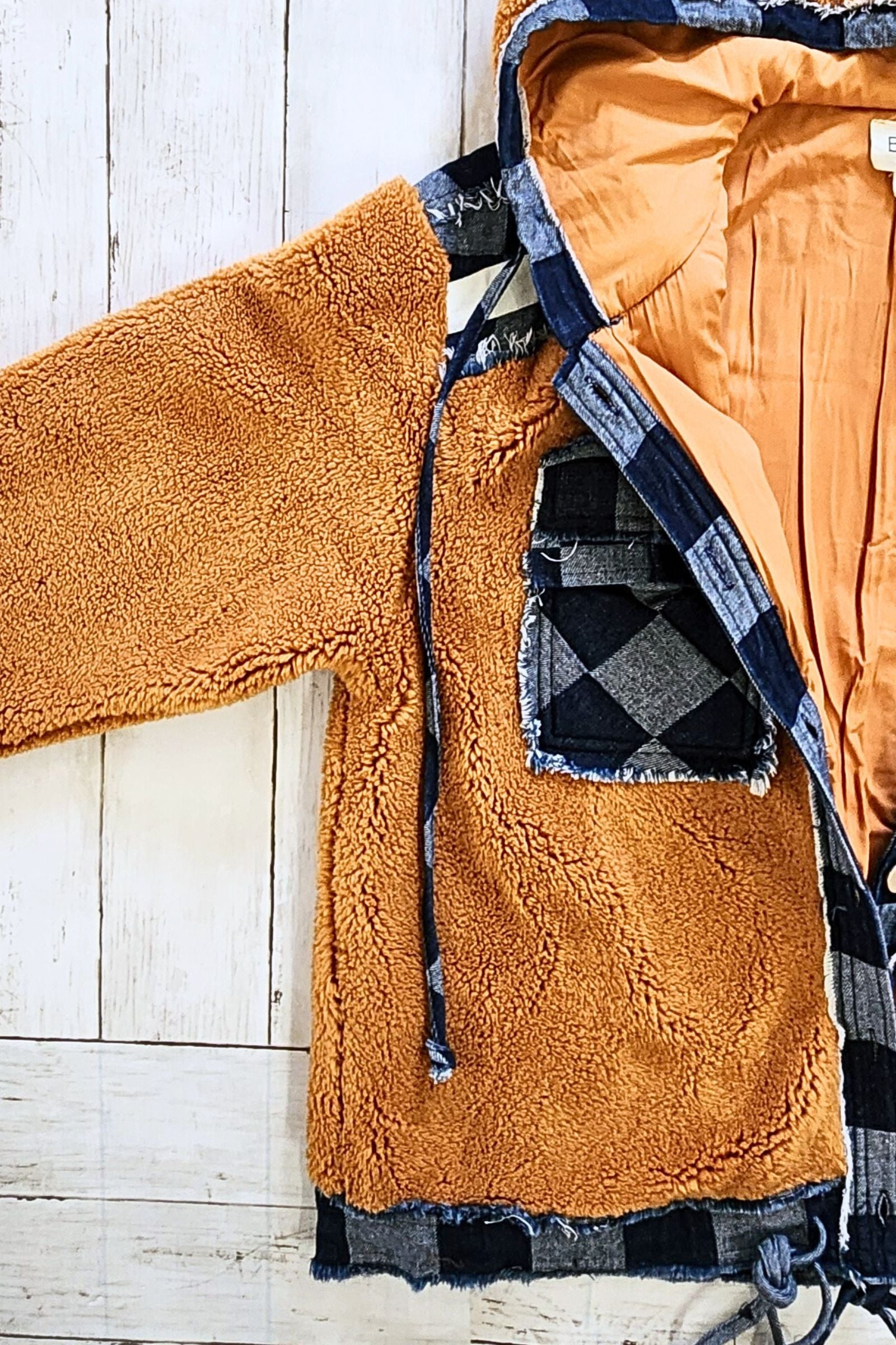 Fleece & Checkered Denim Hoodie Jacket