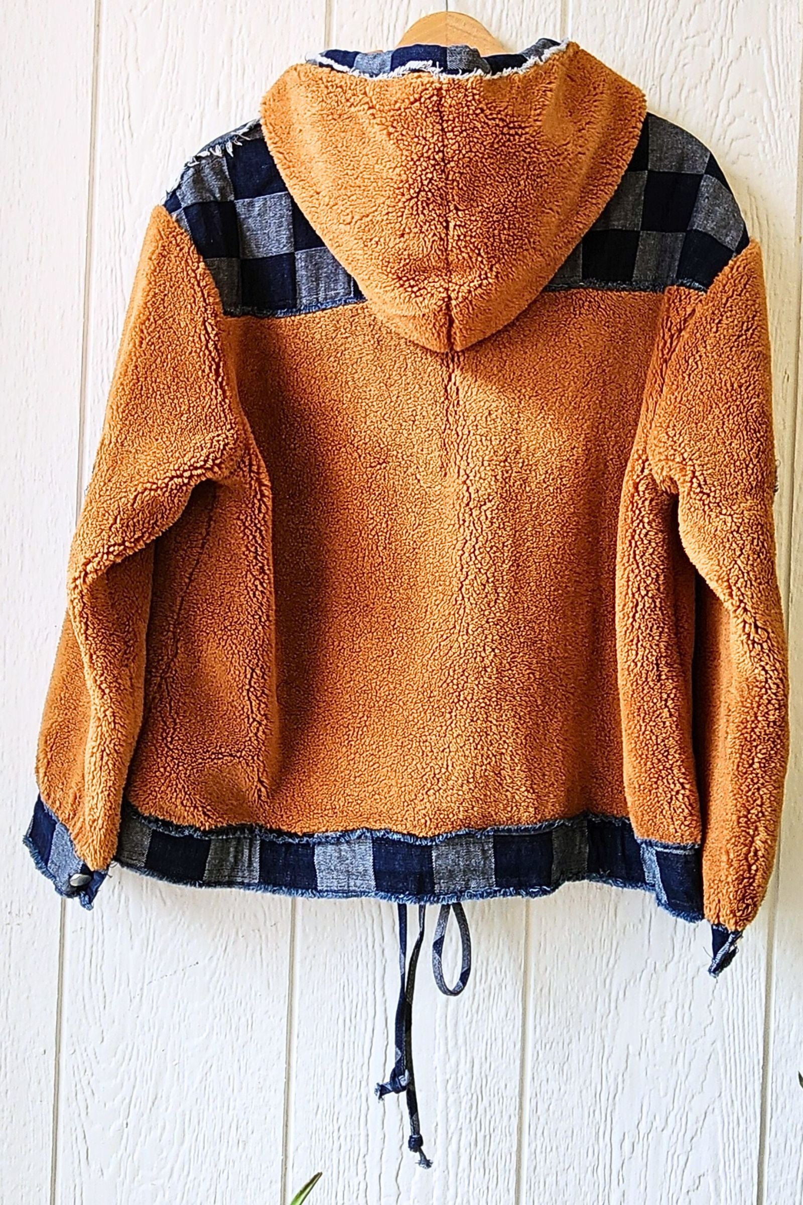 Fleece & Checkered Denim Hoodie Jacket