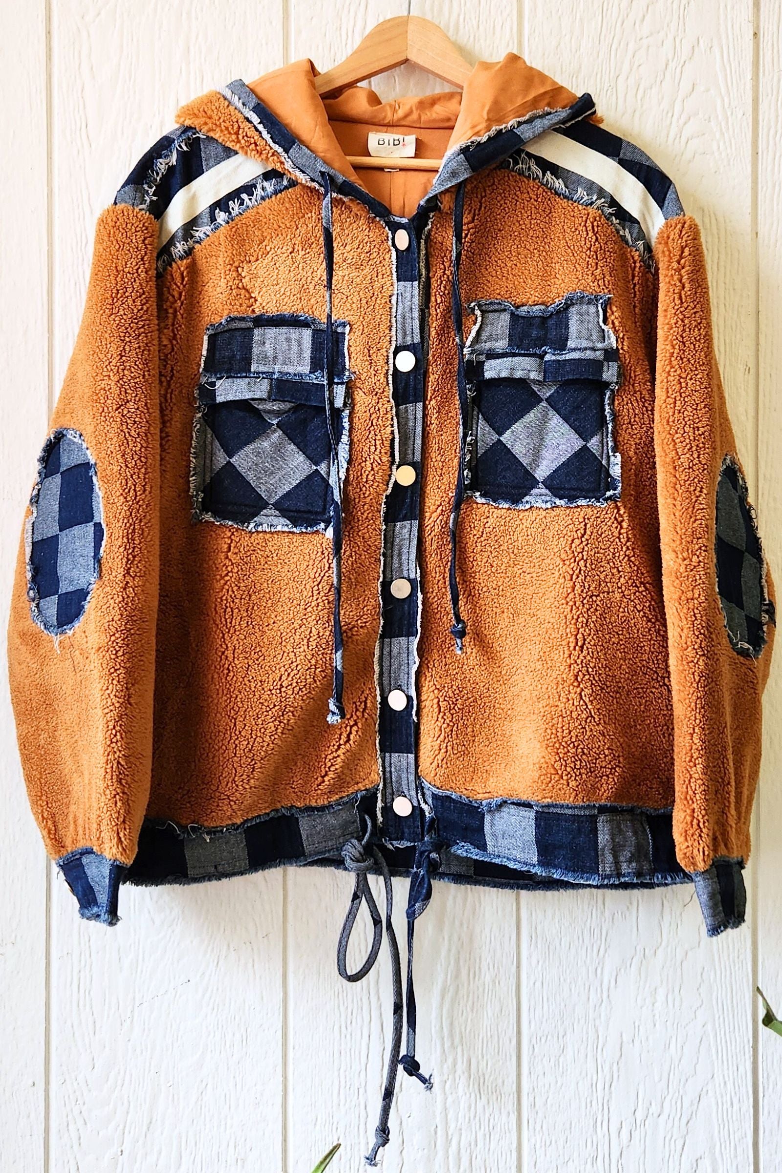Fleece & Checkered Denim Hoodie Jacket