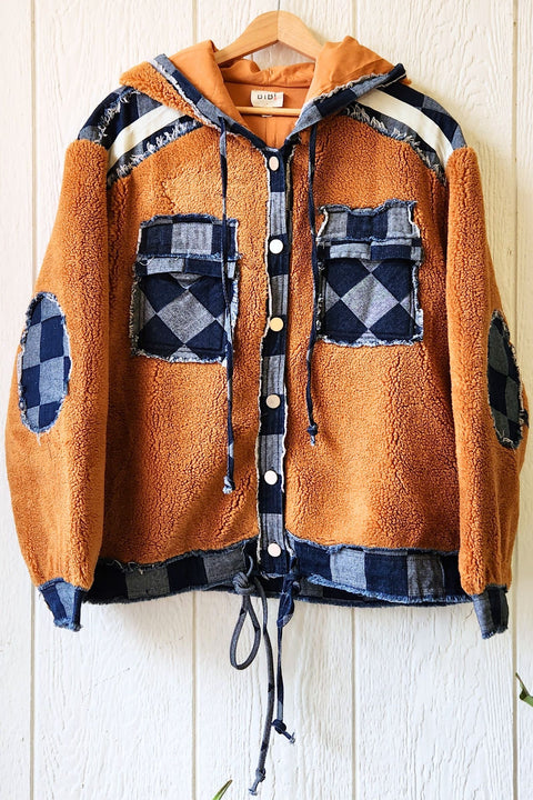 Rust Fleece & Checkered Denim Hoodie Jacket