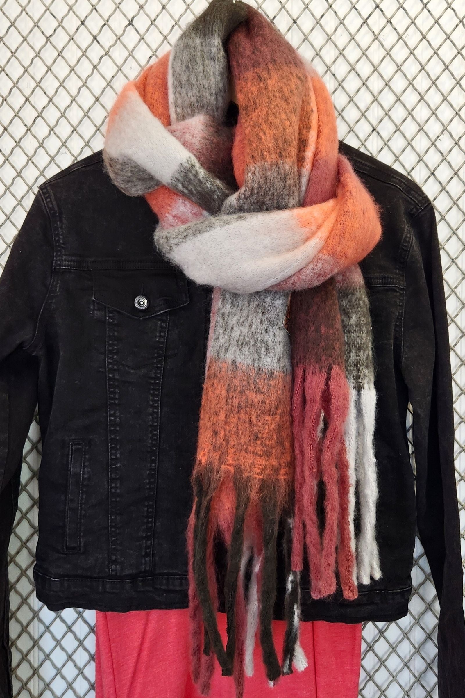 Cranberry Plaid Fuzzy Fringe Scarf