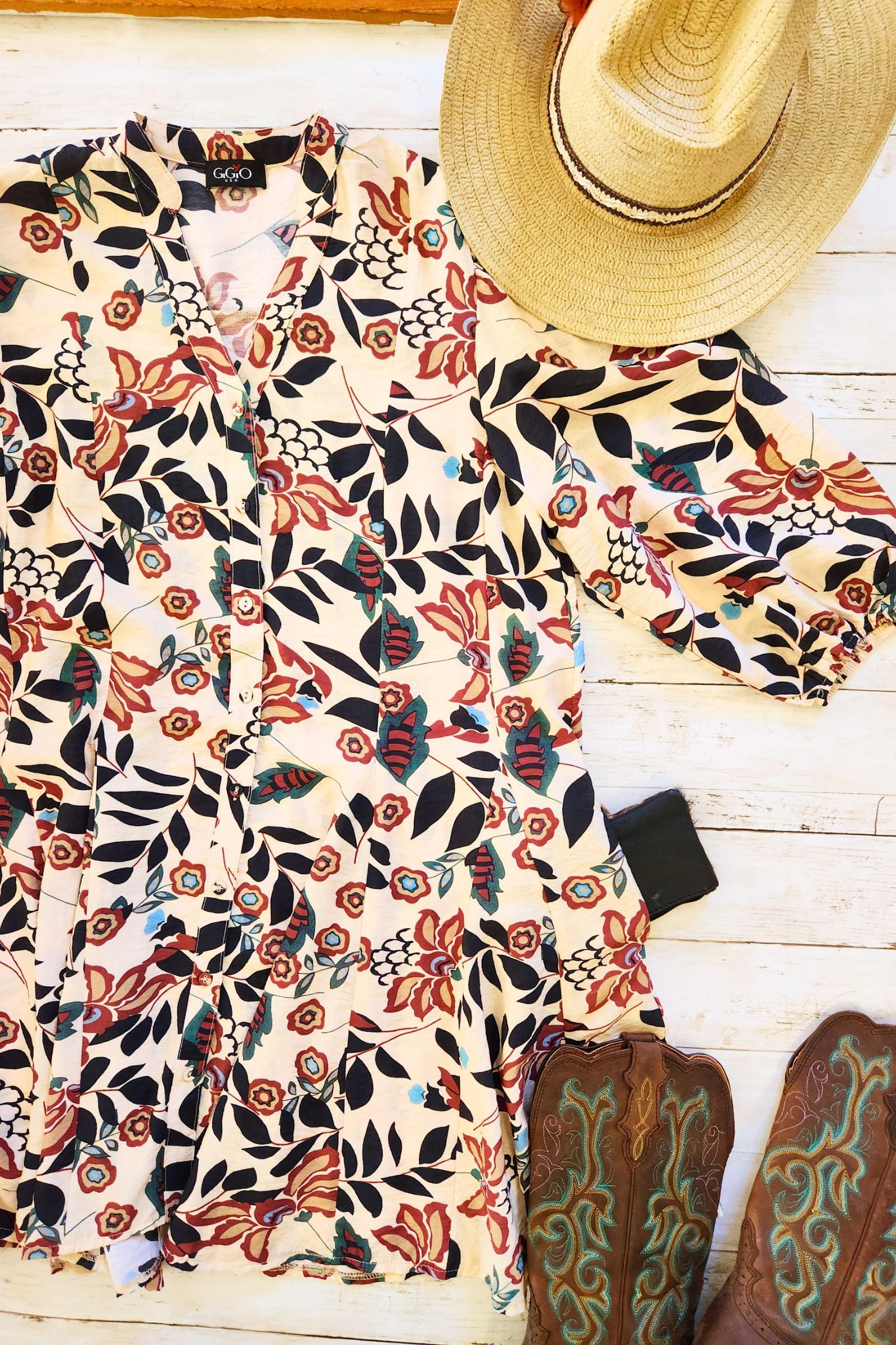 Burgundy Fall Botanical Shirt Dress