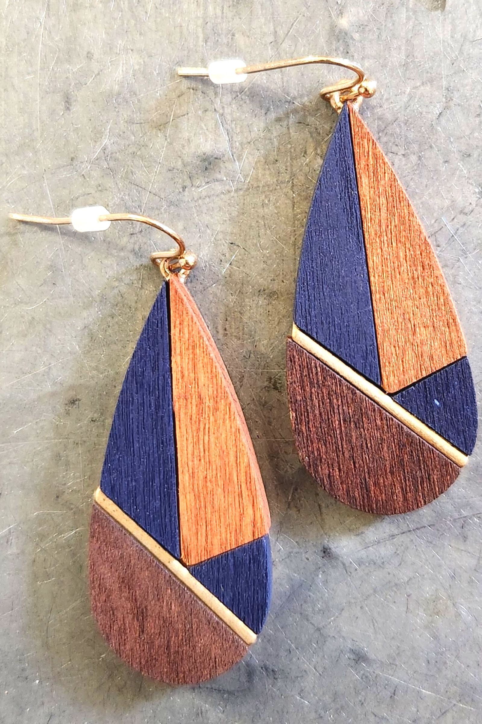Navy Colorblock Wood Teardrop Earrings