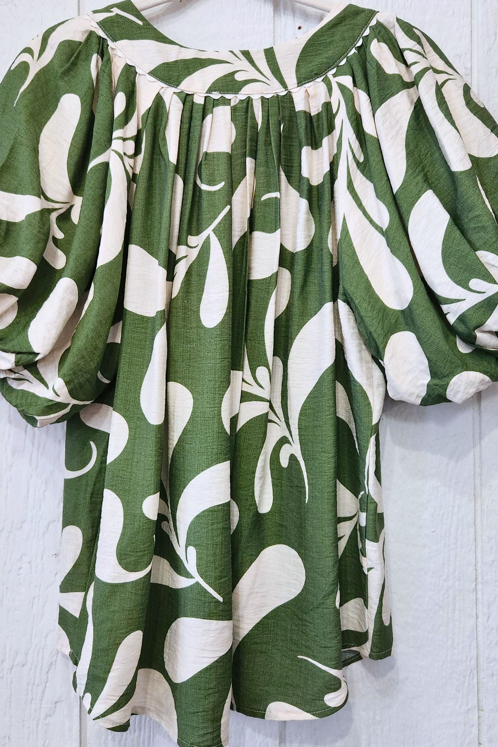 Olive Botanical Print Short Sleeve Top