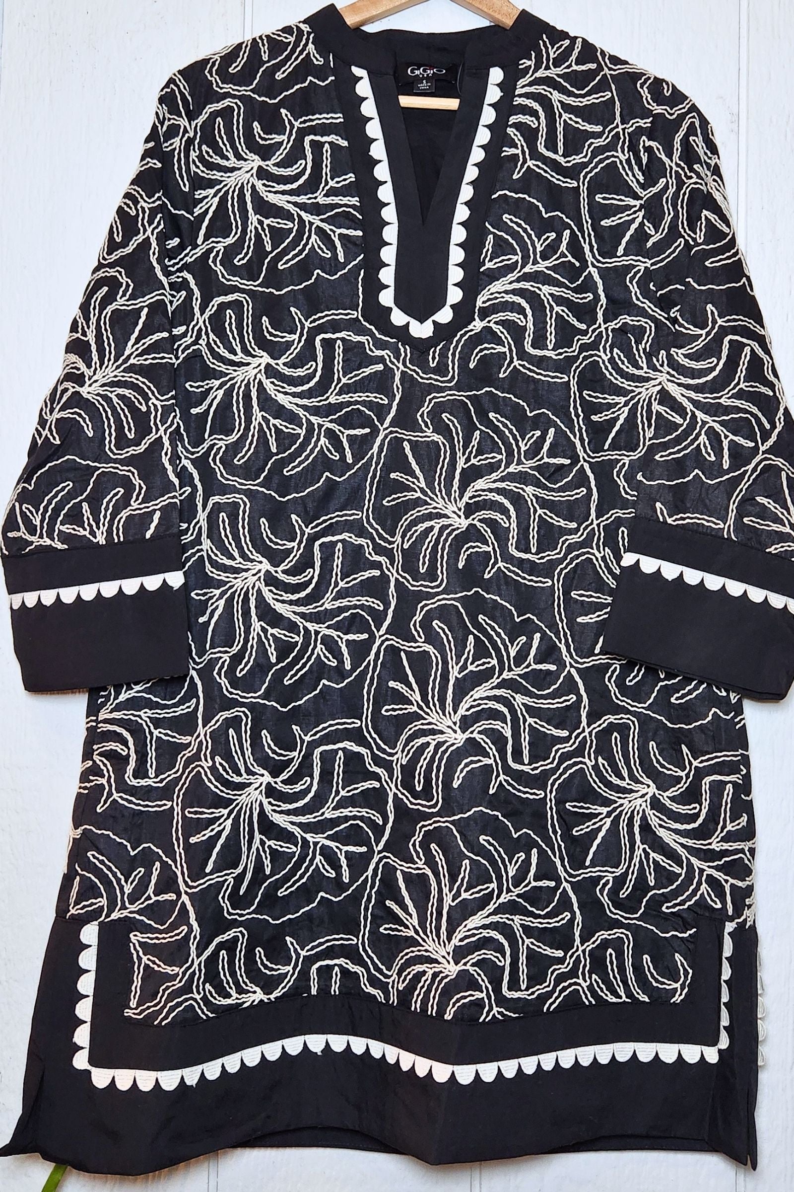 Black Embroidered Notch Neck Dress
