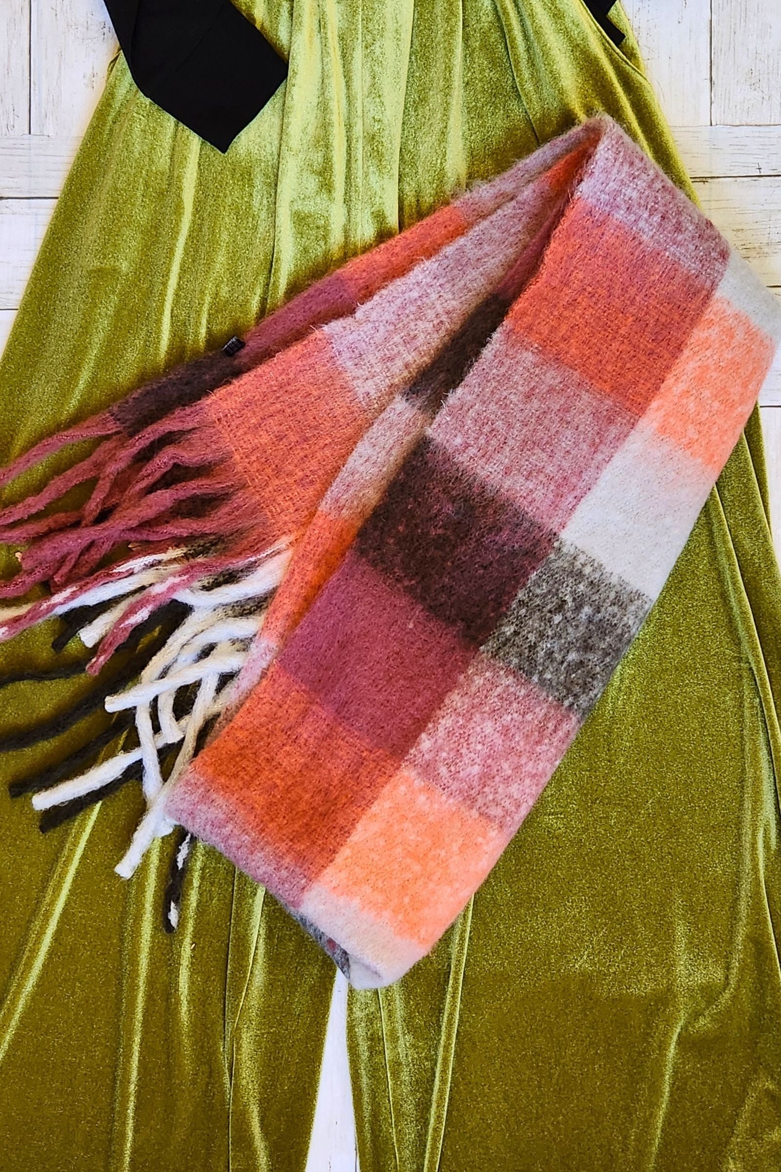 Cranberry Plaid Fuzzy Fringe Scarf