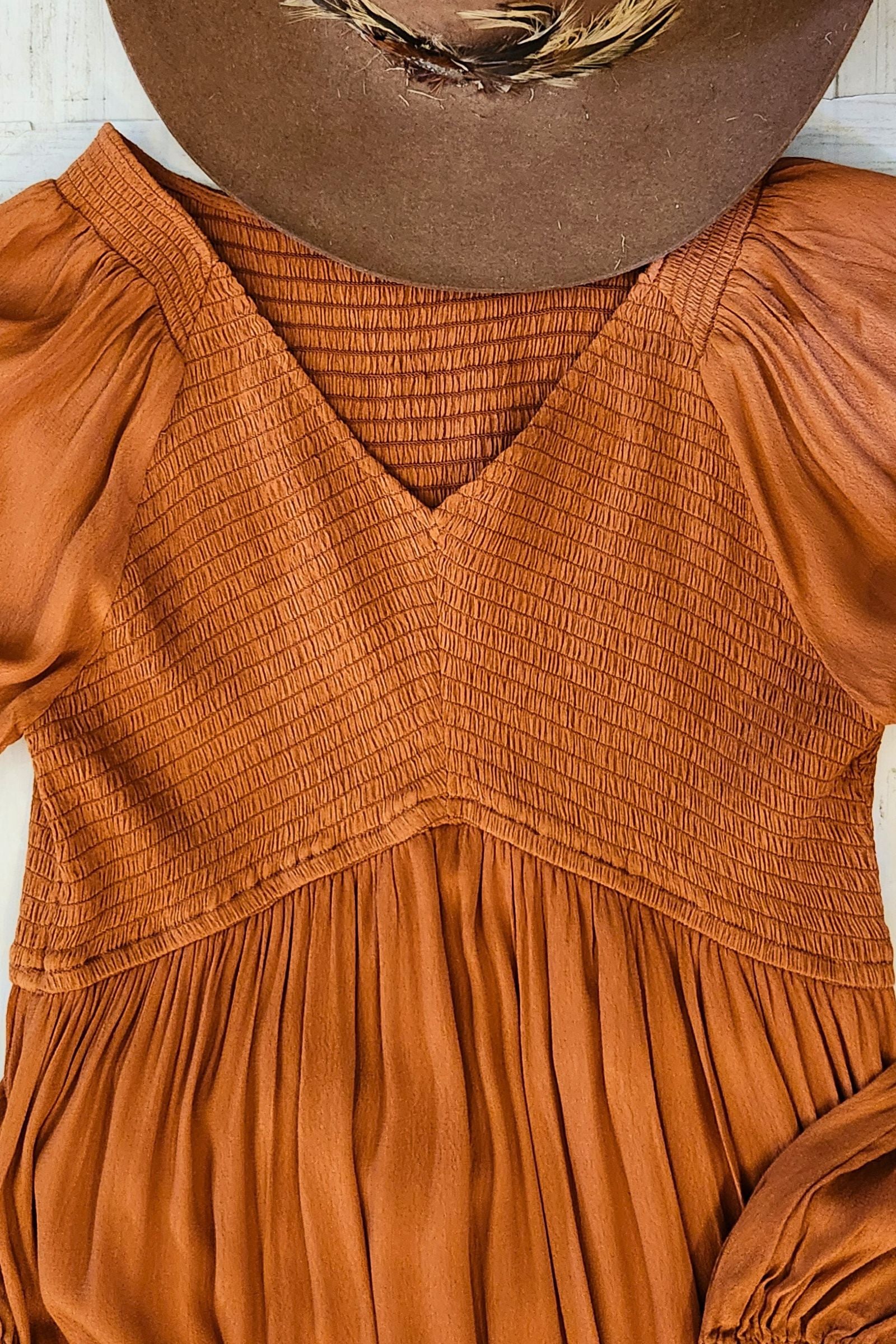 Sepia Smocked Ruffle Maxi Dress