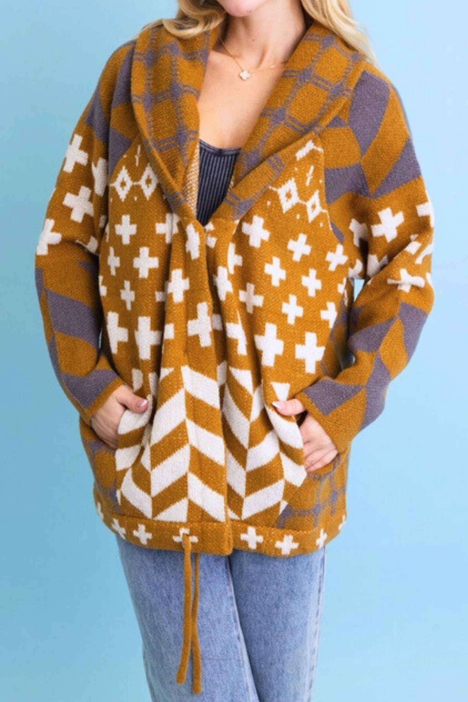 Sierra Spirit Camel Geometric Cardigan Sweater